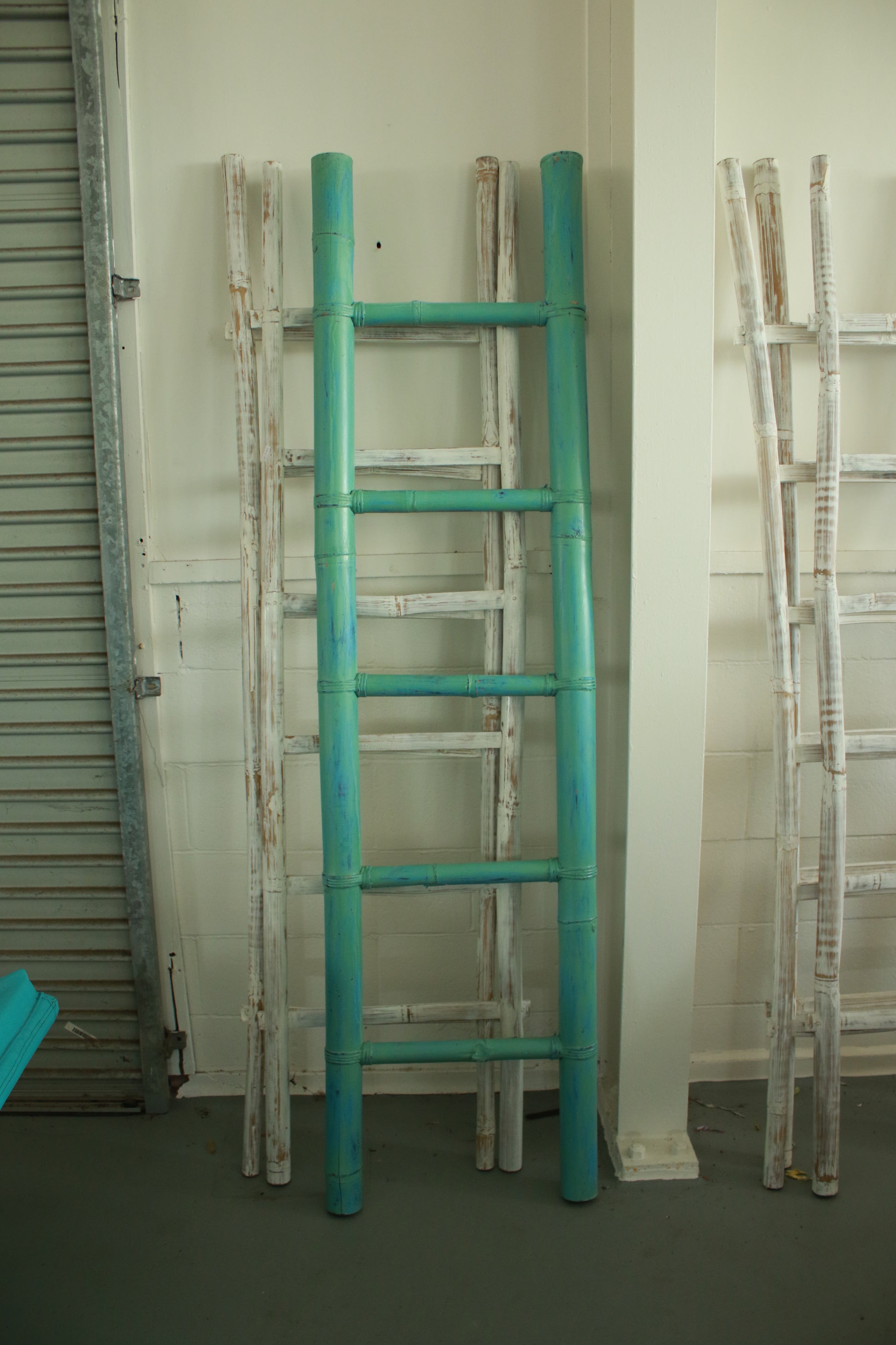 Rustic Handmade Decorative teal Bamboo Ladder,