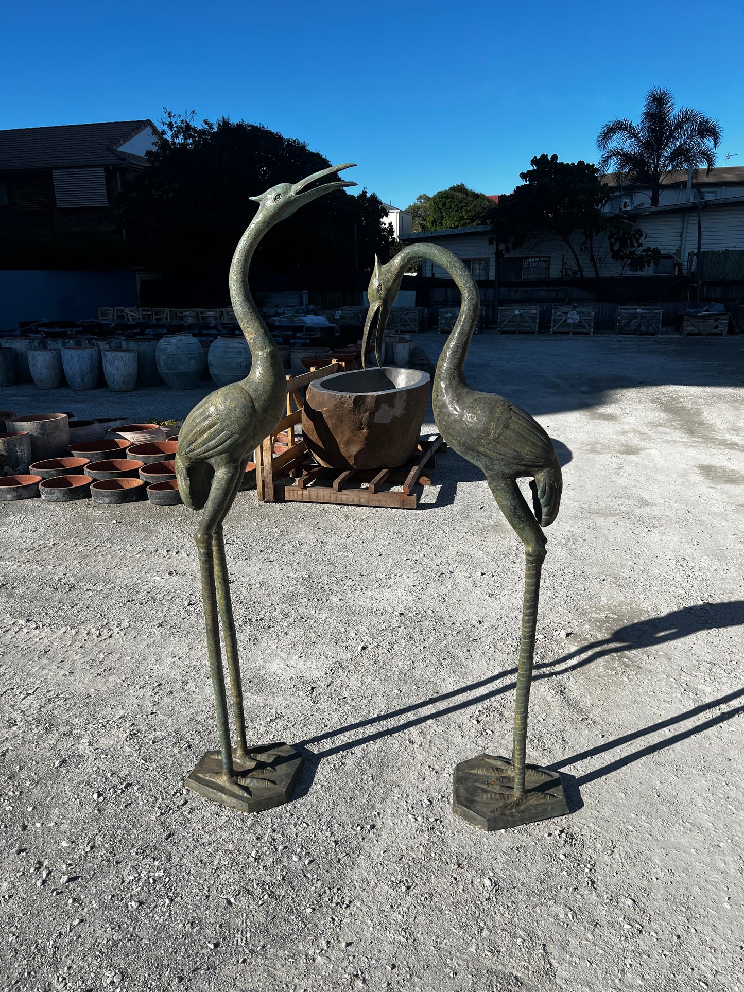 Metal Stork Birds With Worn Copper Patina