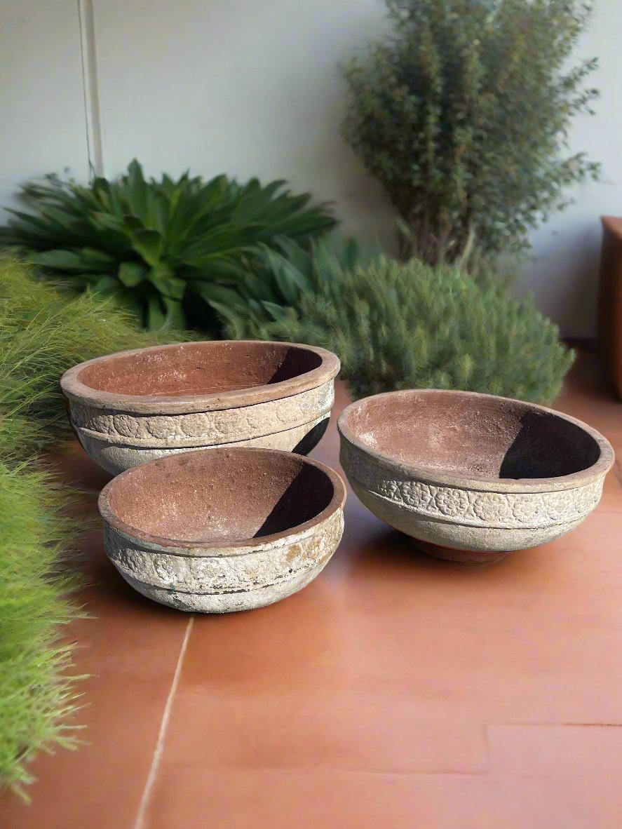 ancient Vietnamese clay floral succulent bowls in three sizes great for indoor and outdoor garden features