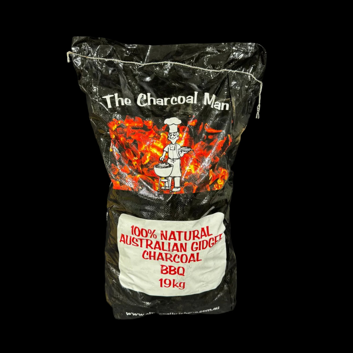 Bag of charcoal labeled 'The Charcoal Man' on a gray background