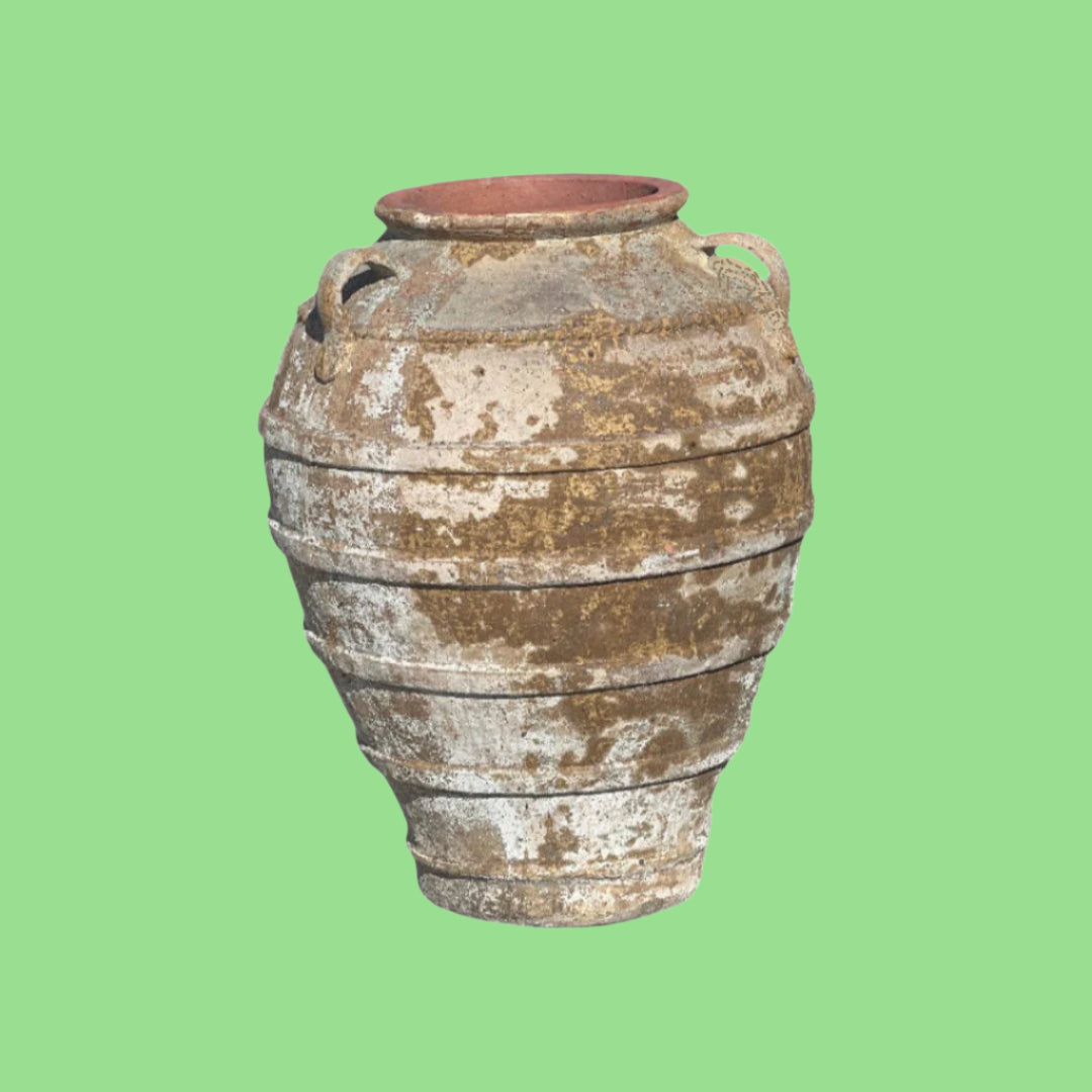 Ancient Ribbed Belly Urn with Handles and warn patina