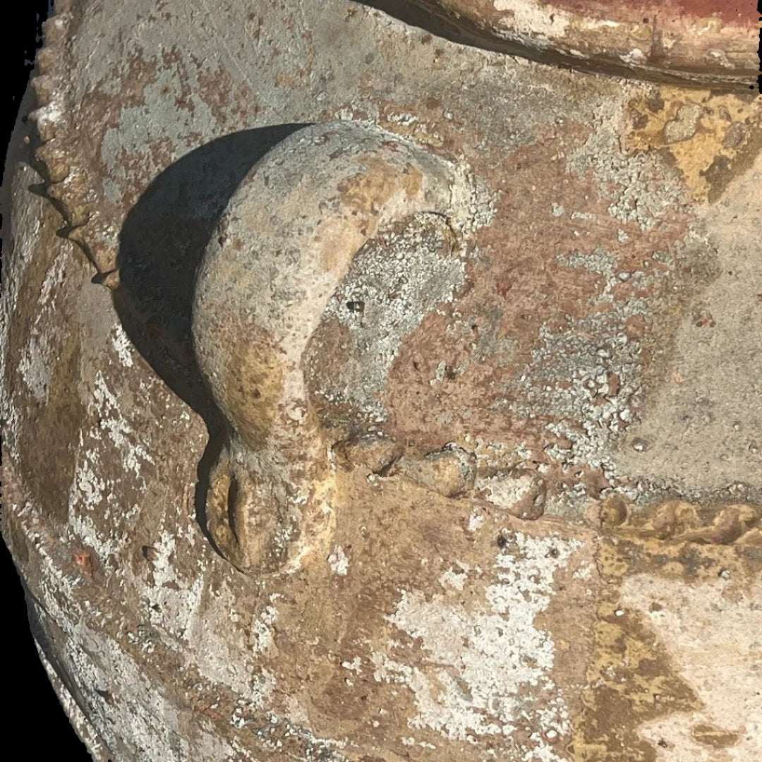 Ancient Ribbed Belly Urn with Handles and warn patina and close up of handles
