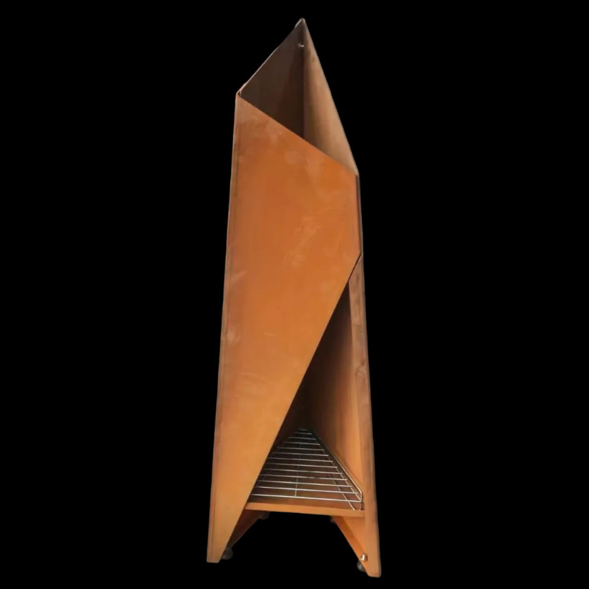 A modern, minimalist outdoor Chiminea fireplace made of rusted Corten steel, shown from a front profile view against a solid black background.