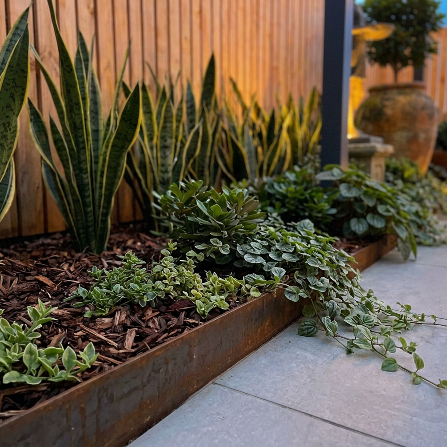 A raised garden bed with a rusty corrugated metal edge, filled with green snake plants and trailing ivy, set next to a light gray tiled patio in front of a wooden fence.