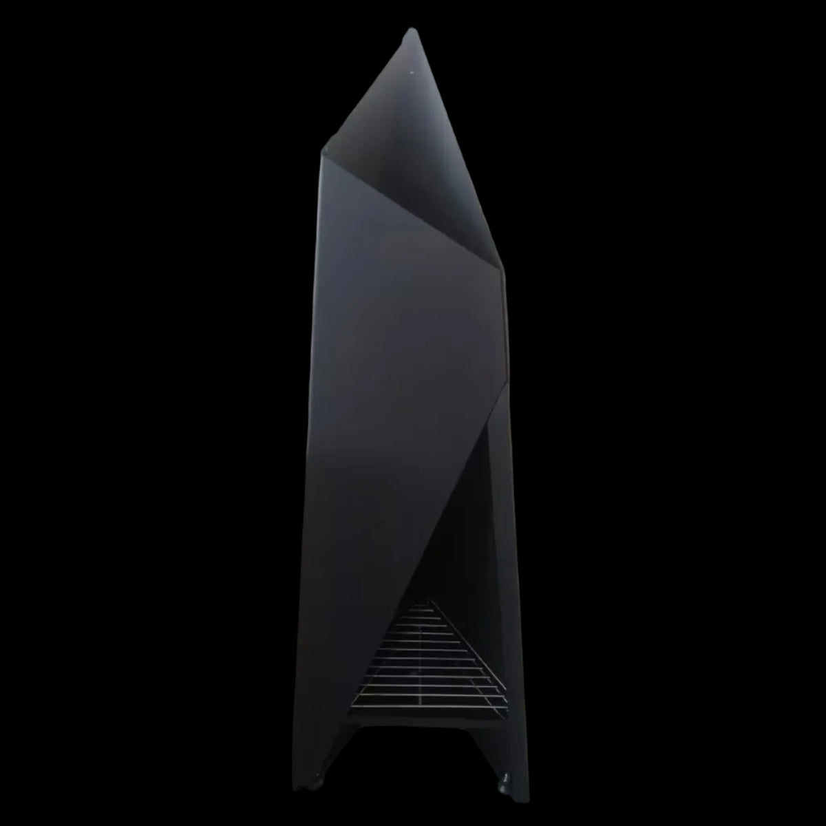 A modern, angular black metal Chiminea fire place shown from from the front against a solid black background.