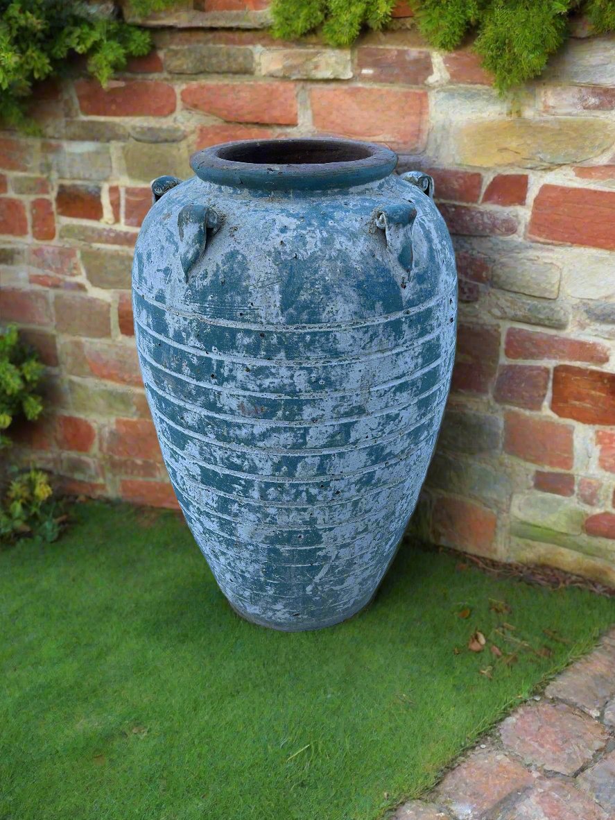 ancient vietnamese blue rib urn with handles great for indoor outdoor home and garden decoration and planting