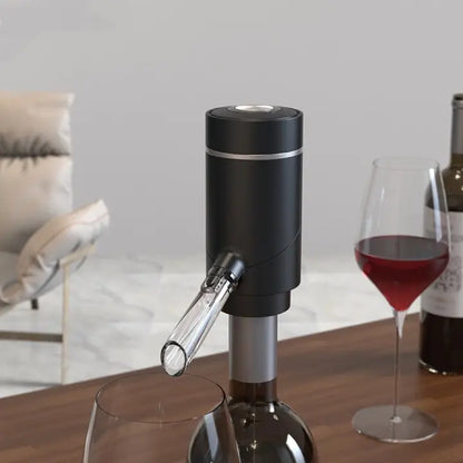 Electric wine aerator with rechargeable battery, fits most bottles, empties in under 50 seconds, enhances taste and aroma.