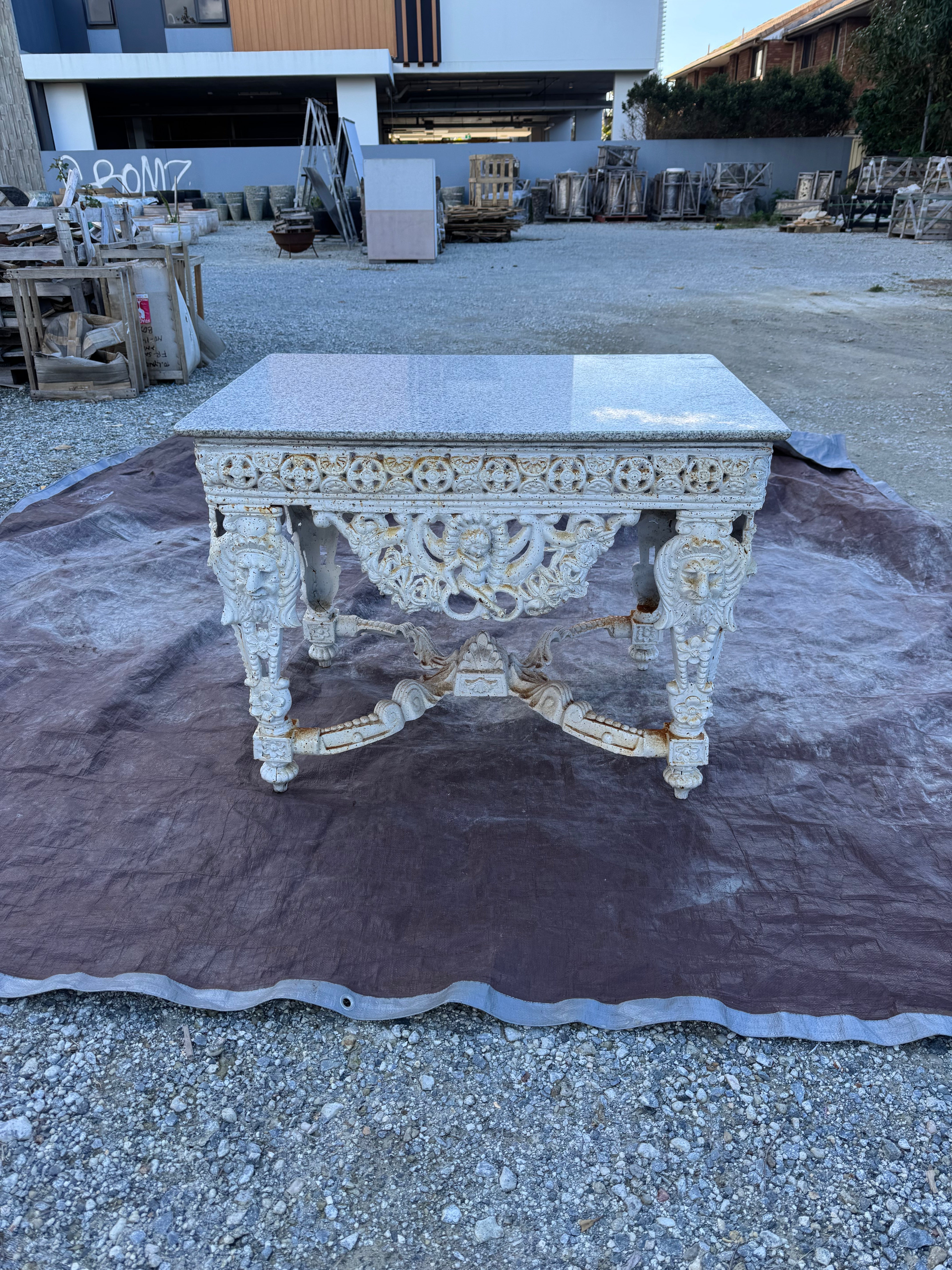 Cast Iron Table w Stone Top White S5AW