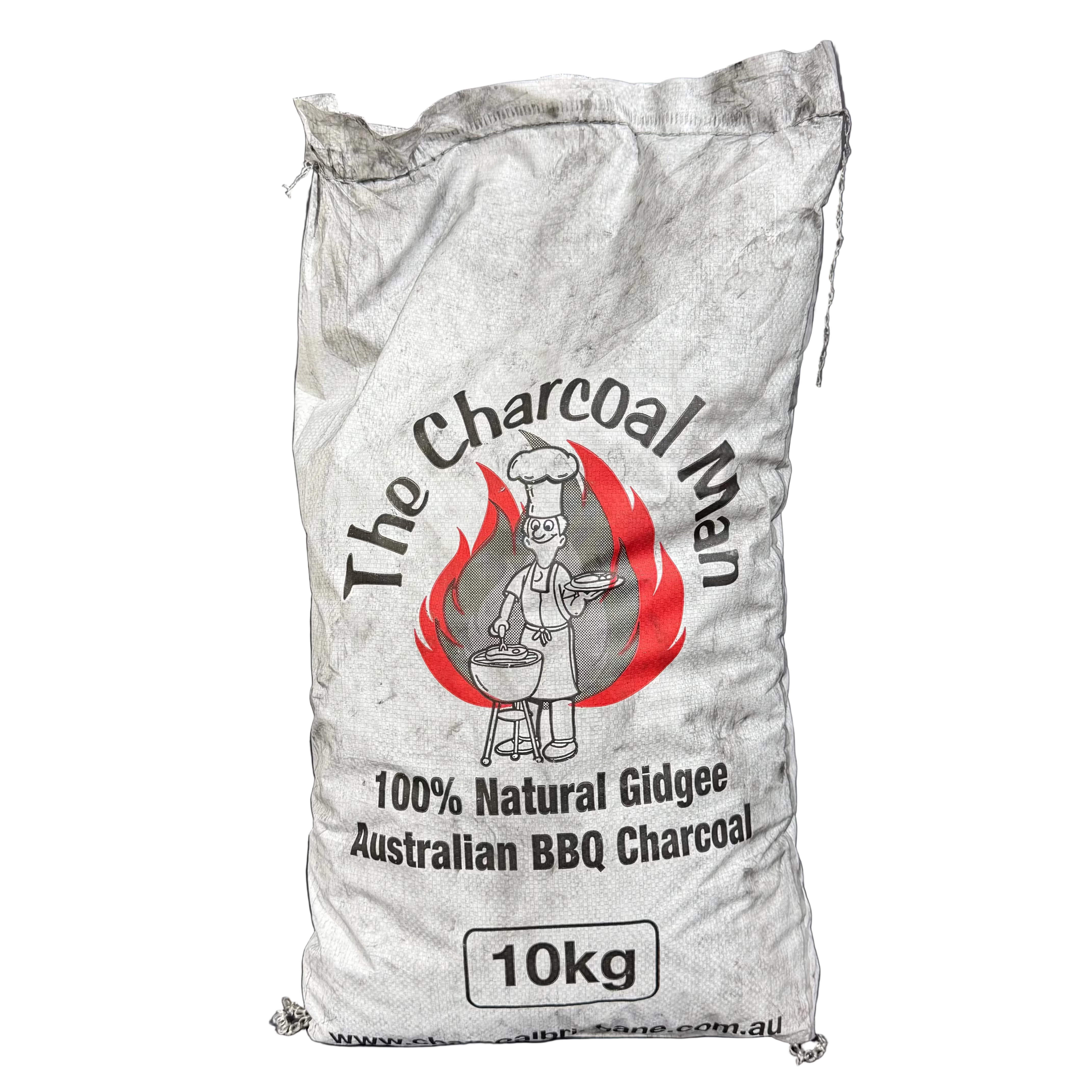 A 10kg white woven sack of charcoal with 'The Charcoal Man' logo printed on the front, set against a dark gray background.