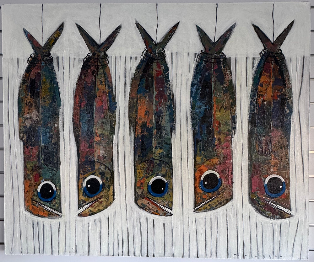 Two vertical canvas paintings featuring painted fish on a white slatted wall. The larger painting on the left shows four fish with textured, earthy bodies, while the smaller painting on the right shows a grid of smaller fish.