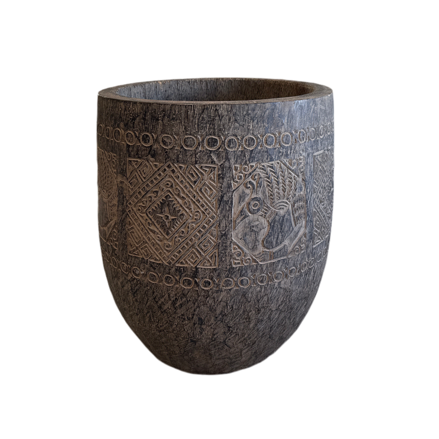 Decorative pot with intricate patterns on a white background