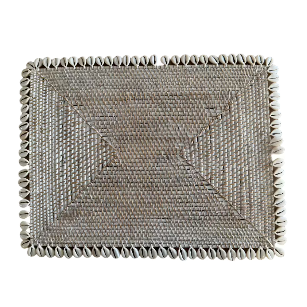 Rectangular Rattan dining table placemat with cowrie shell border