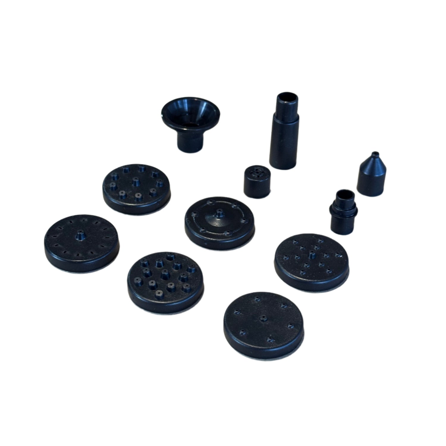 a photo of the 8 different nozzles and 3 different accessories for the solar water fountain