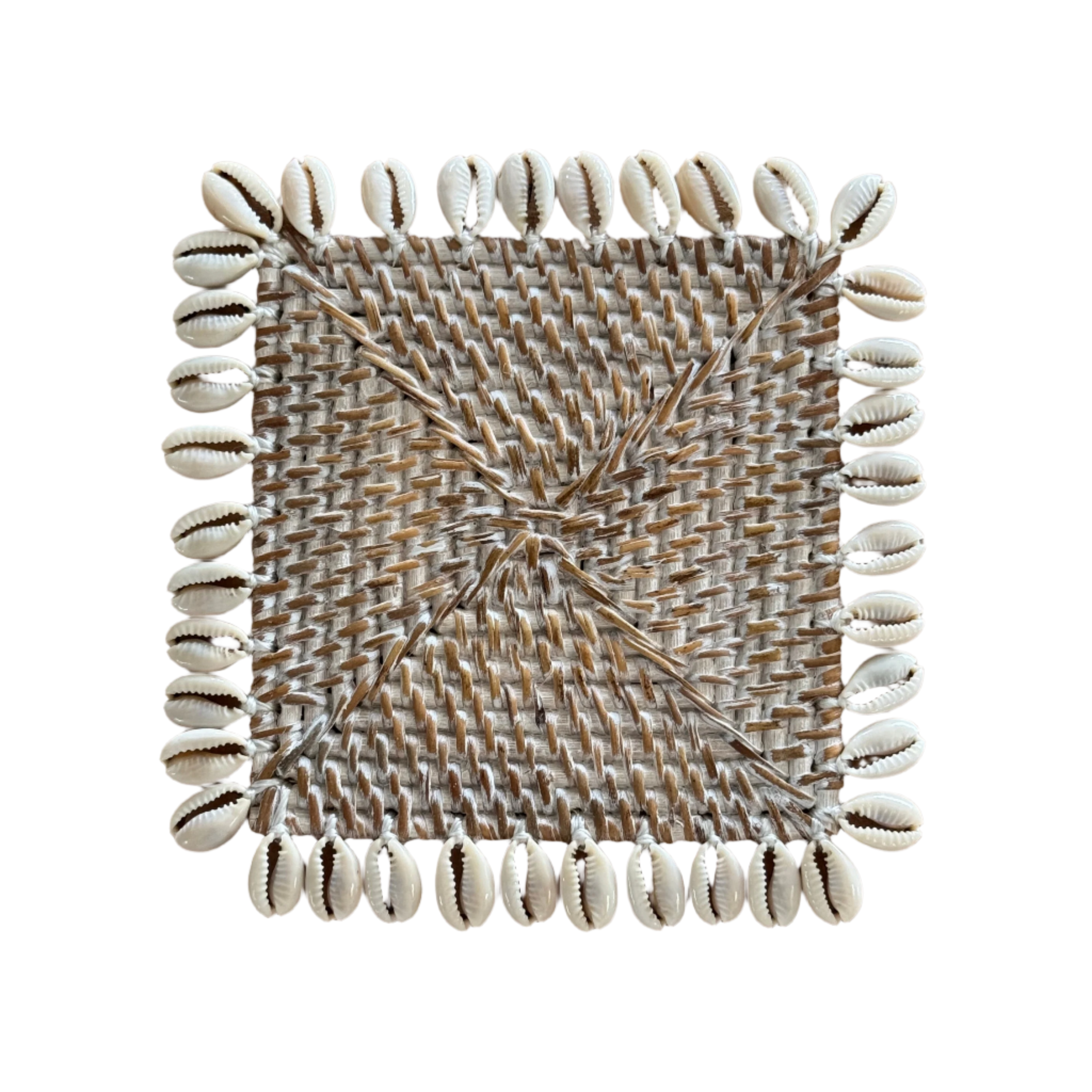 Handmade Square Rattan Coaster w Cowrie Shell Border