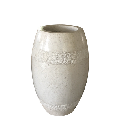 a beautiful white terrazzo garden pot with band carvings around the top & bottom. great for indoor and outdoor use