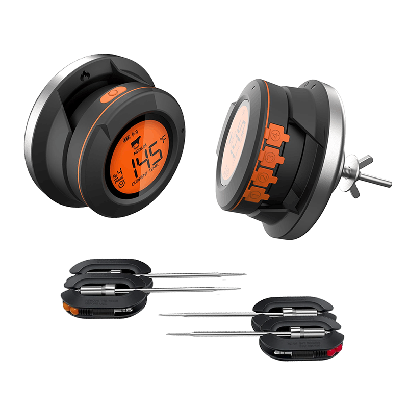 Digital meat thermometer with probes on a white background