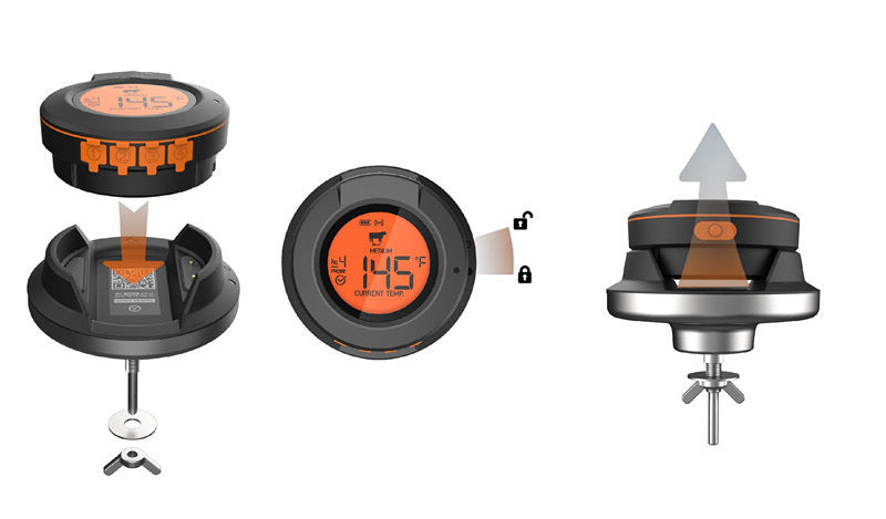 Set of AT-02 digital thermometers with different views of the thermometer on a white background