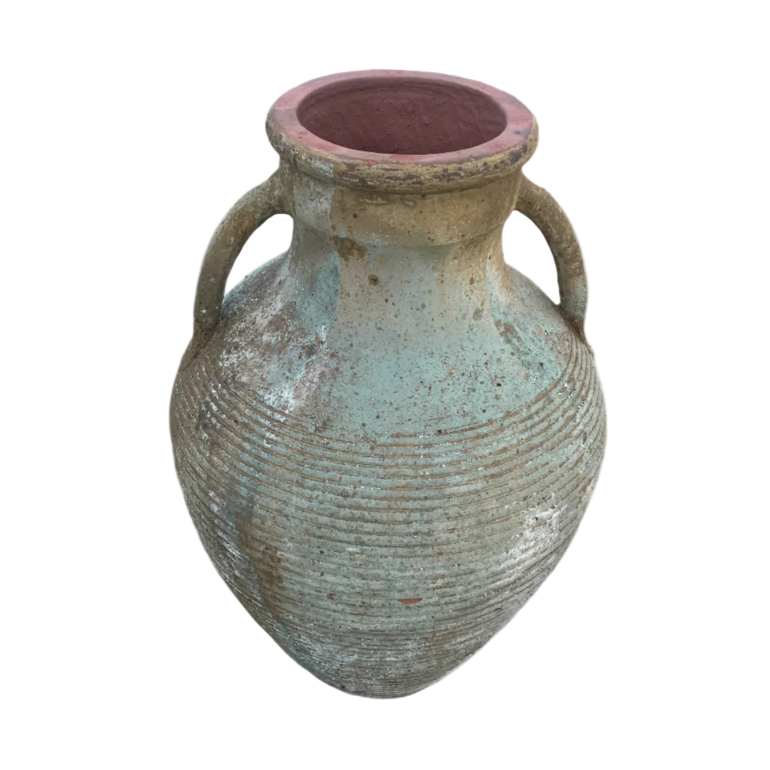 Two handle ribbed urn with warn patina