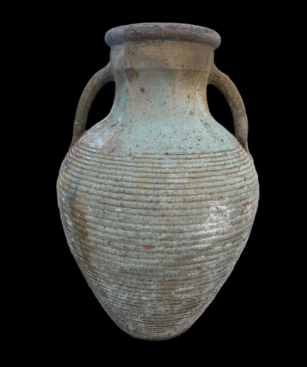 Two handle ribbed urn with warn patina outside