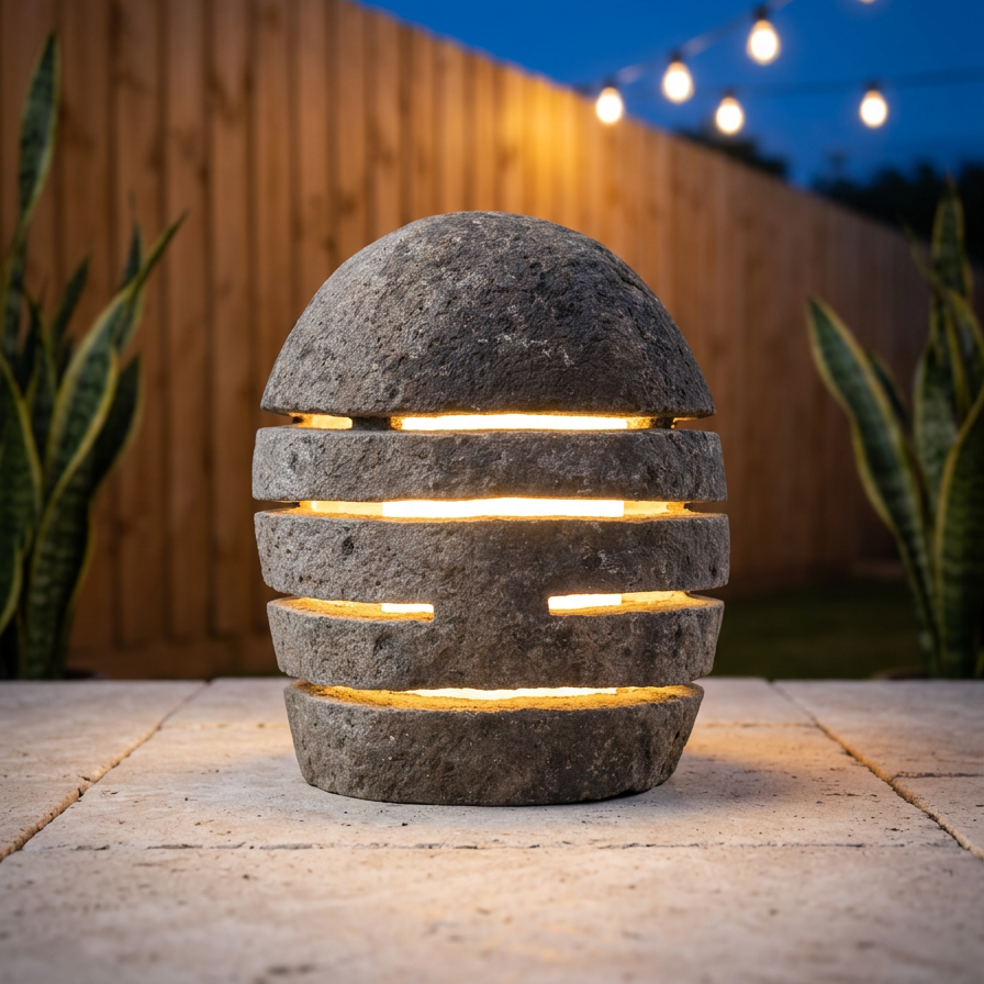 A stone egg-shaped outdoor light with horizontal cutouts glowing warm yellow, set on a stone patio in front of a wooden fence at dusk.
