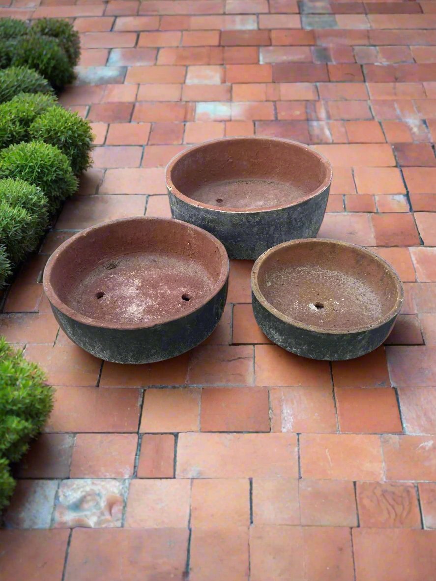 Handcrafted Vietnamese clay matte black round succulent garden bowl for indoor and outdoor plants in 3 different sizes