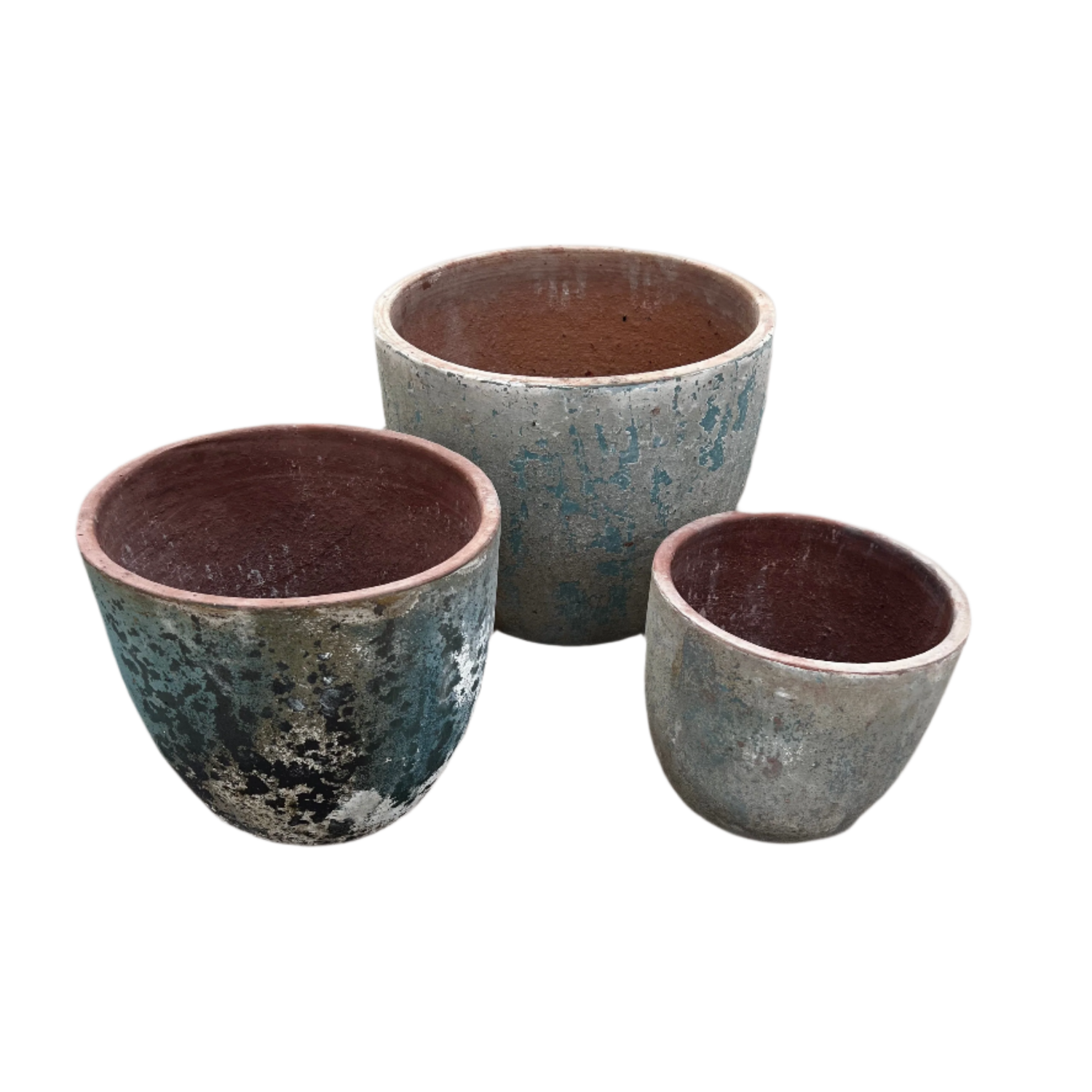 ancient blue Vietnamese egg pots in three different sizes