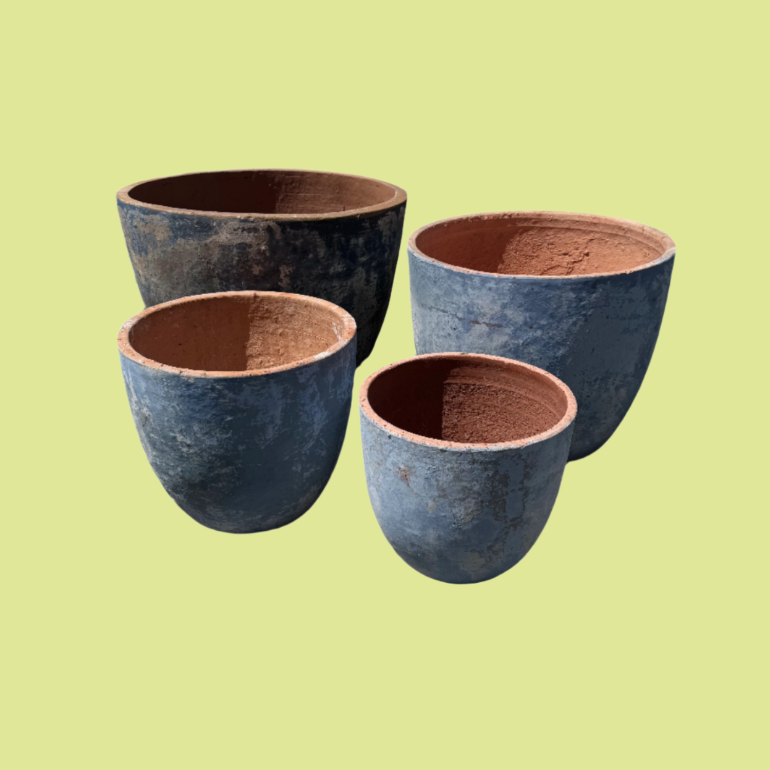 Premium high quality blue ancient egg garden pots in 4 sizes to suit indoor or outdoor areas like pools, patios, lounges and so on.