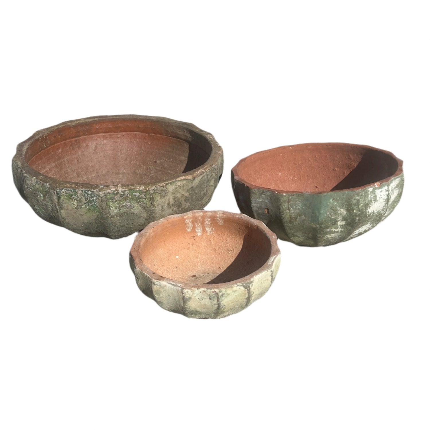 Ancient Vietnamese Green clay succulent Mellon Bowls in three sizes
