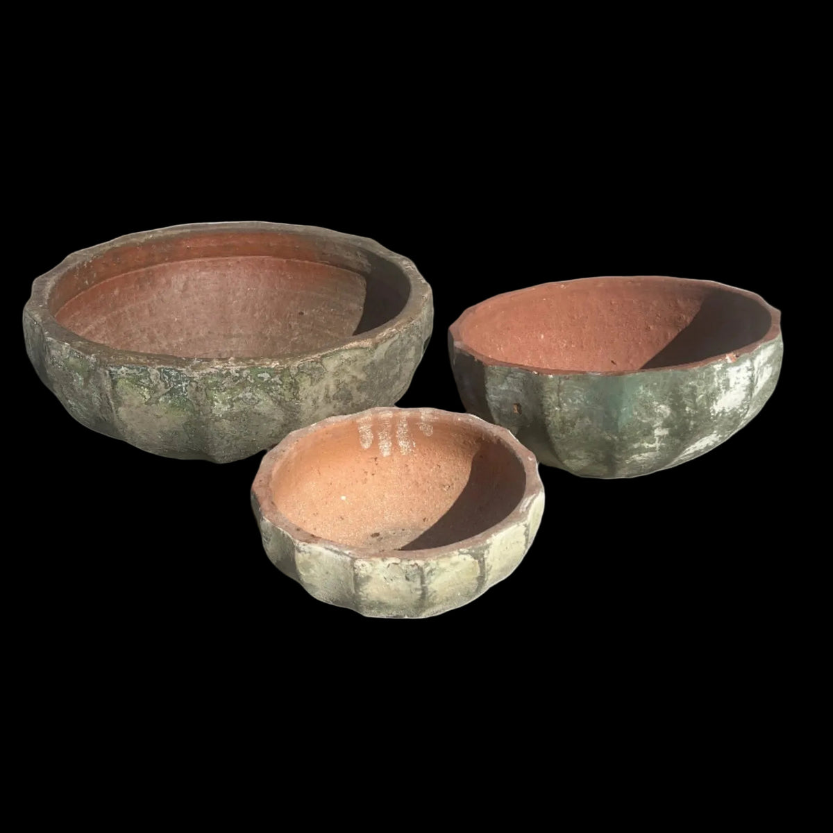 Ancient Vietnamese Green clay succulent Mellon Bowls in three sizes