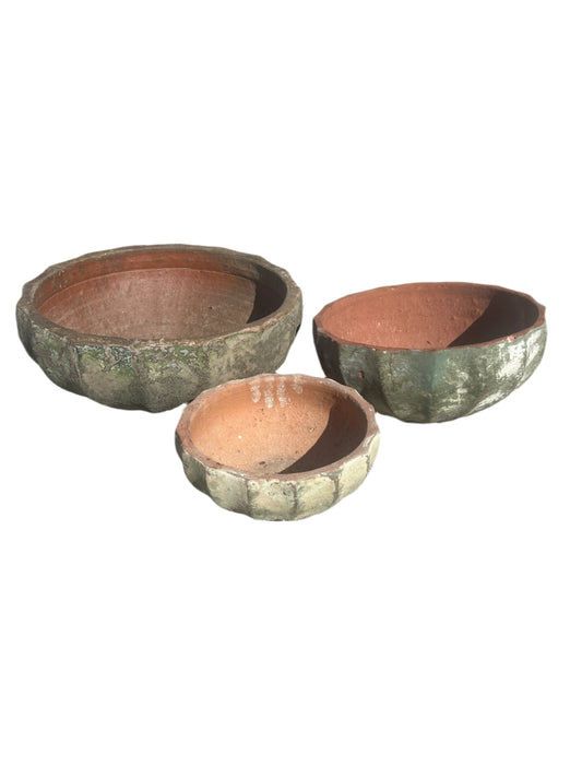 Ancient Vietnamese Green clay succulent Mellon Bowls in three sizes