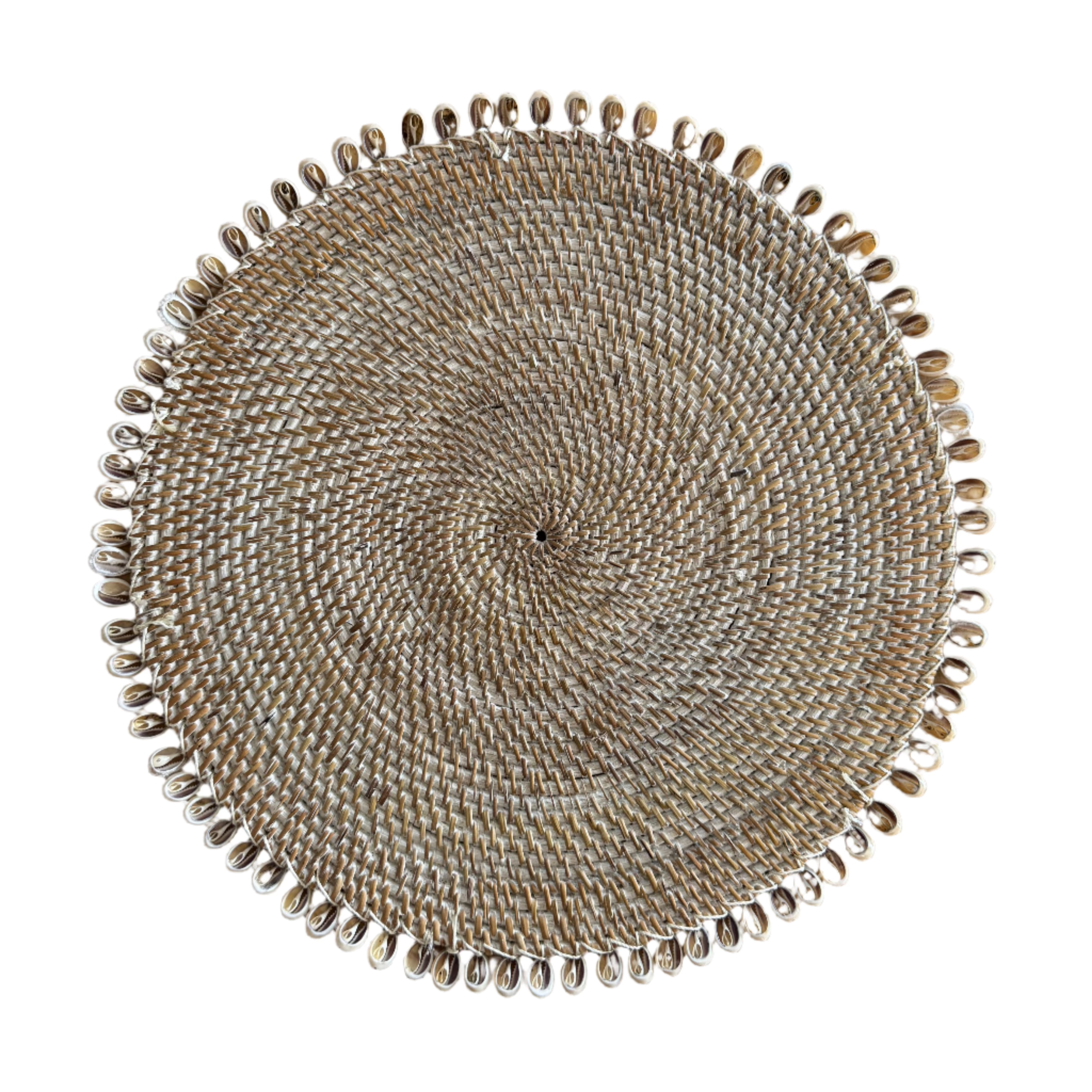 handmade round rattan placemat with cowrie shell border rear shot