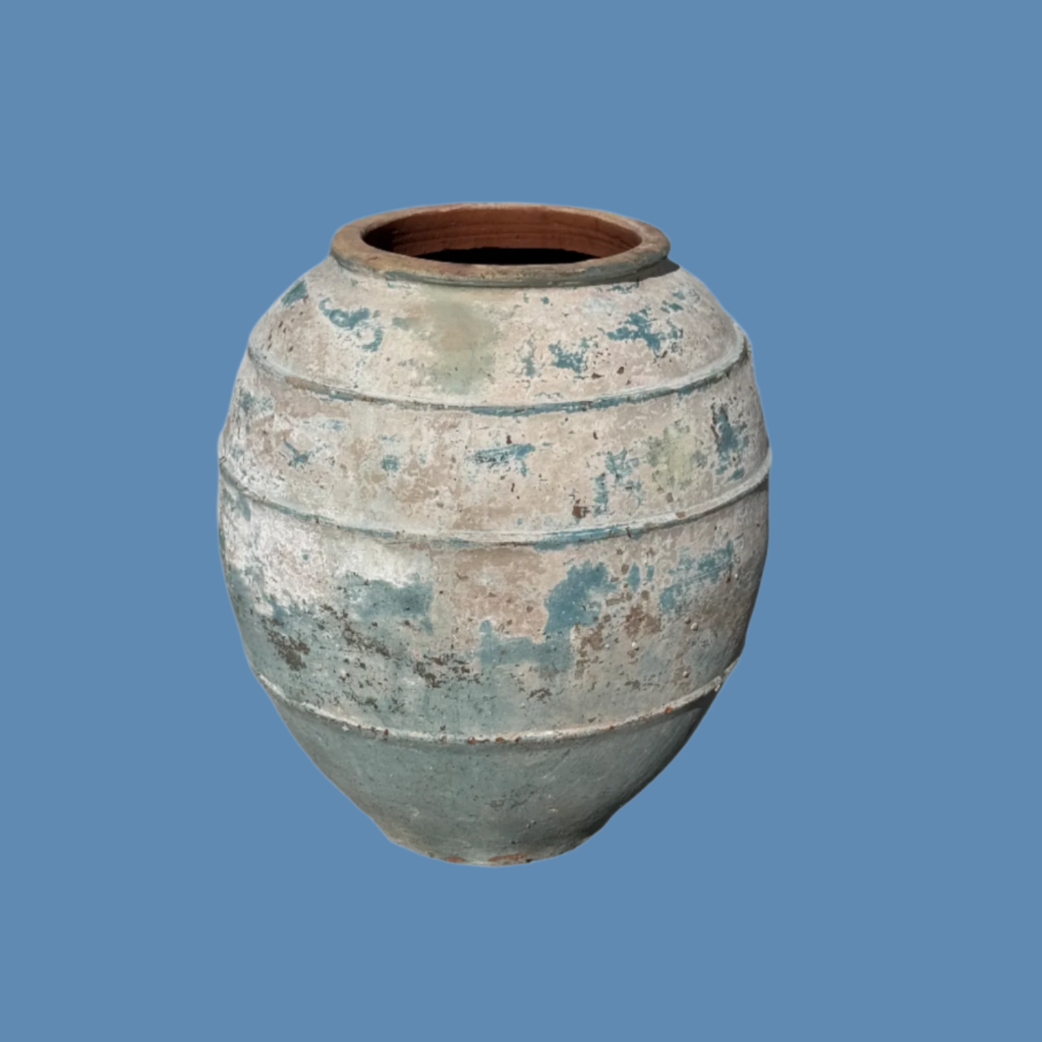 premium high-quality Vietnamese ancient blue 3 rib belly urn with blue background great for adding charm to your outdoor area