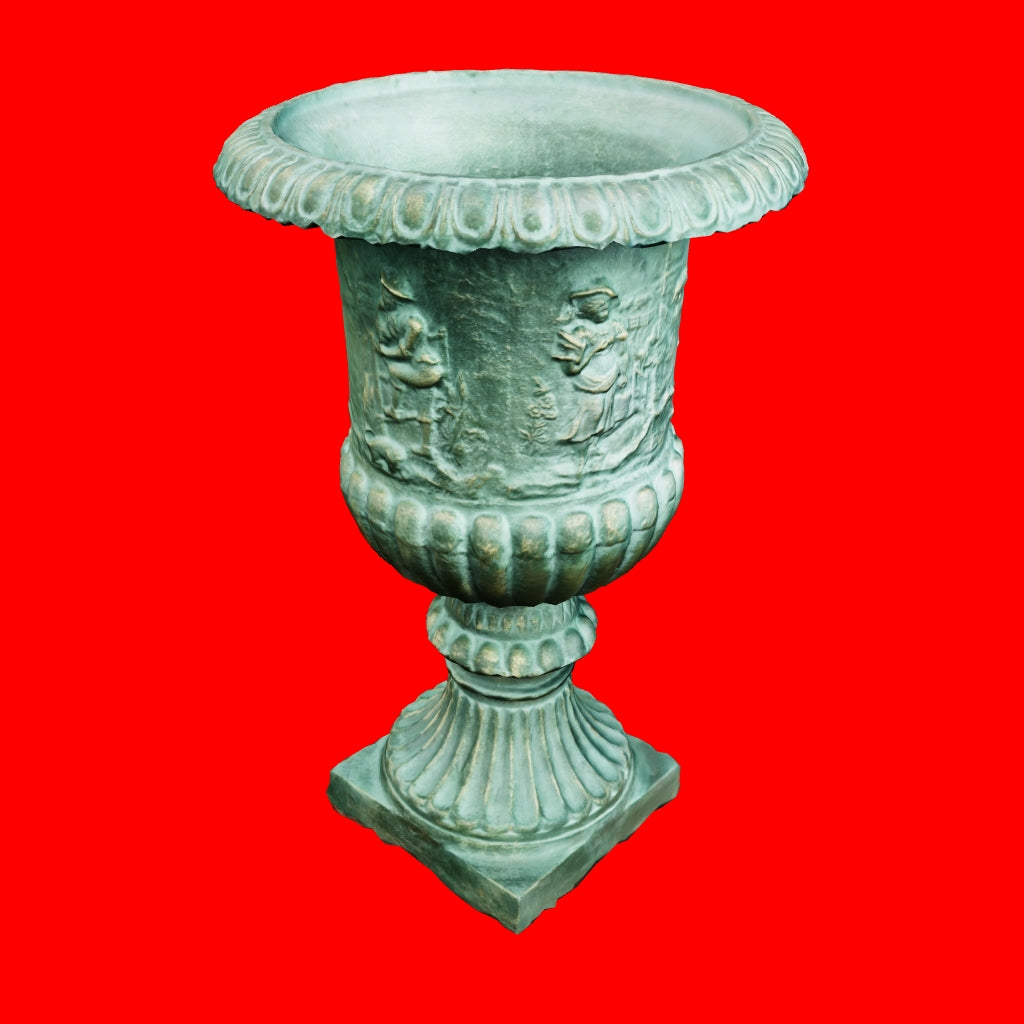 3D image of the extra-large cast green iron urn with illustrations