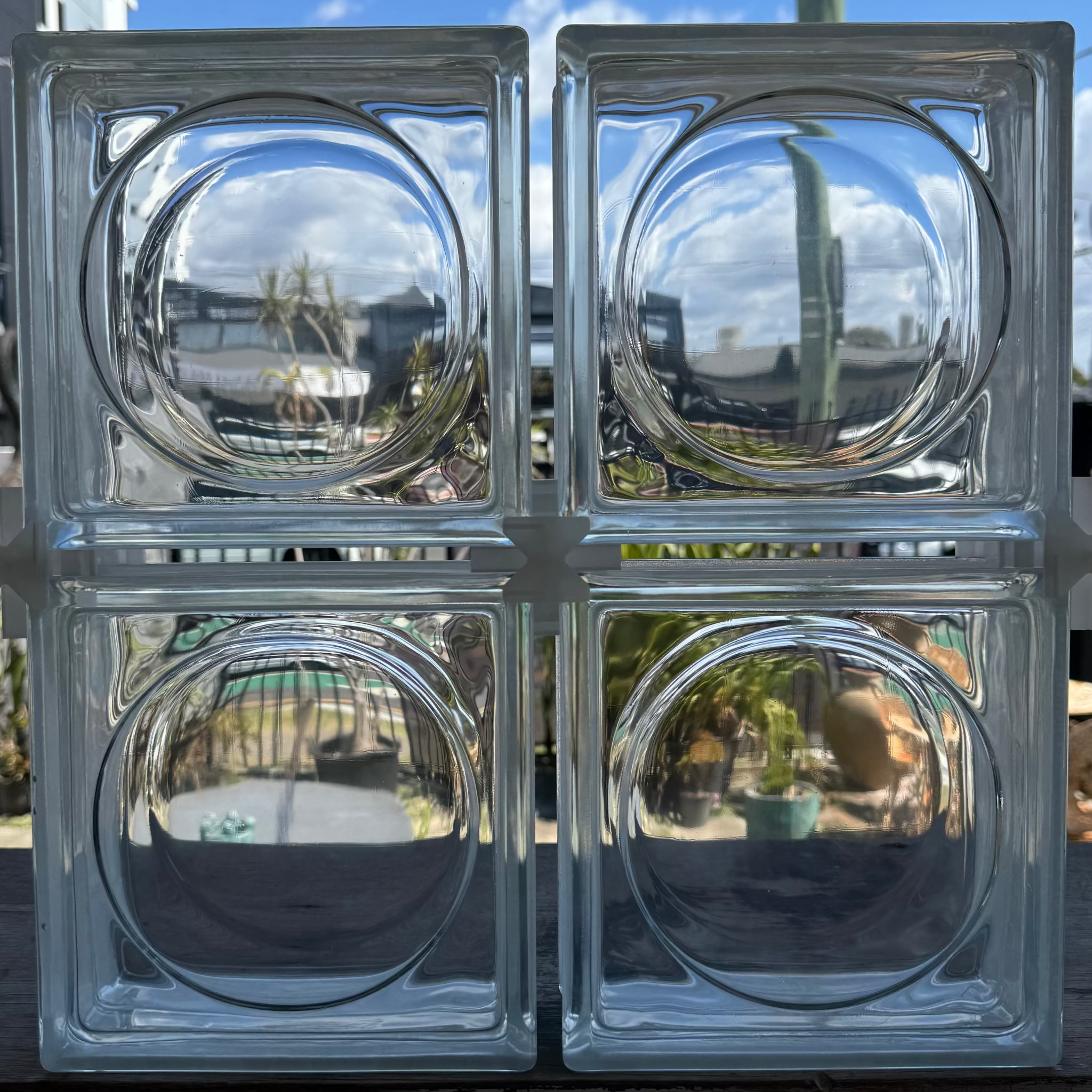 Four clear glass block windows arranged in a 2x2 grid, with each square block containing a circular inset glass panel. The blocks are photographed outdoors, with reflections of a backyard, plants, and sky visible in the glass.