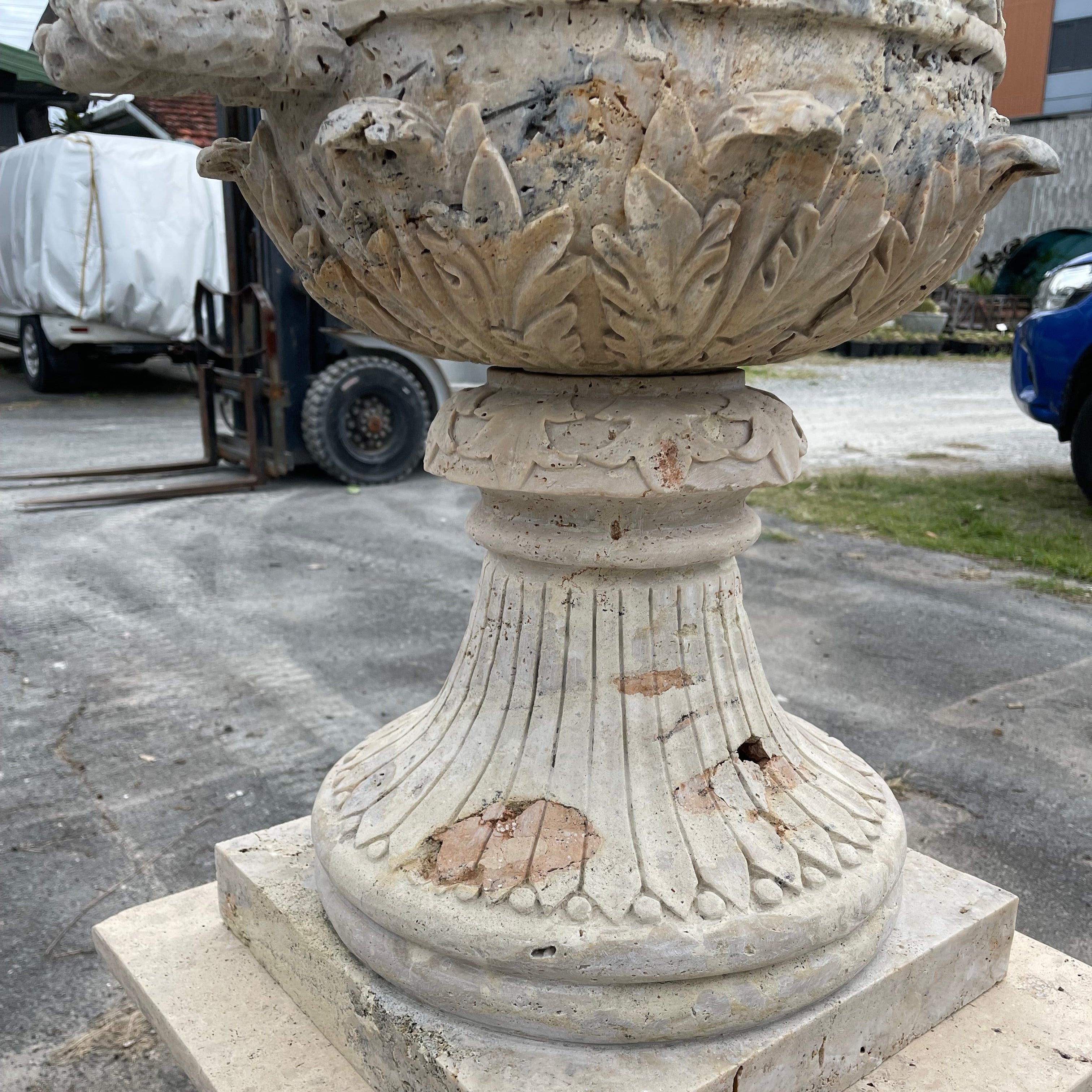Ornate Cherub & Rose Travertine Urn