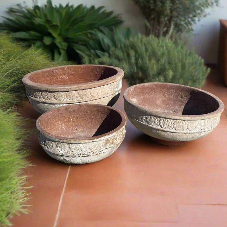 ancient Vietnamese clay floral succulent bowls in three sizes great for indoor and outdoor garden features