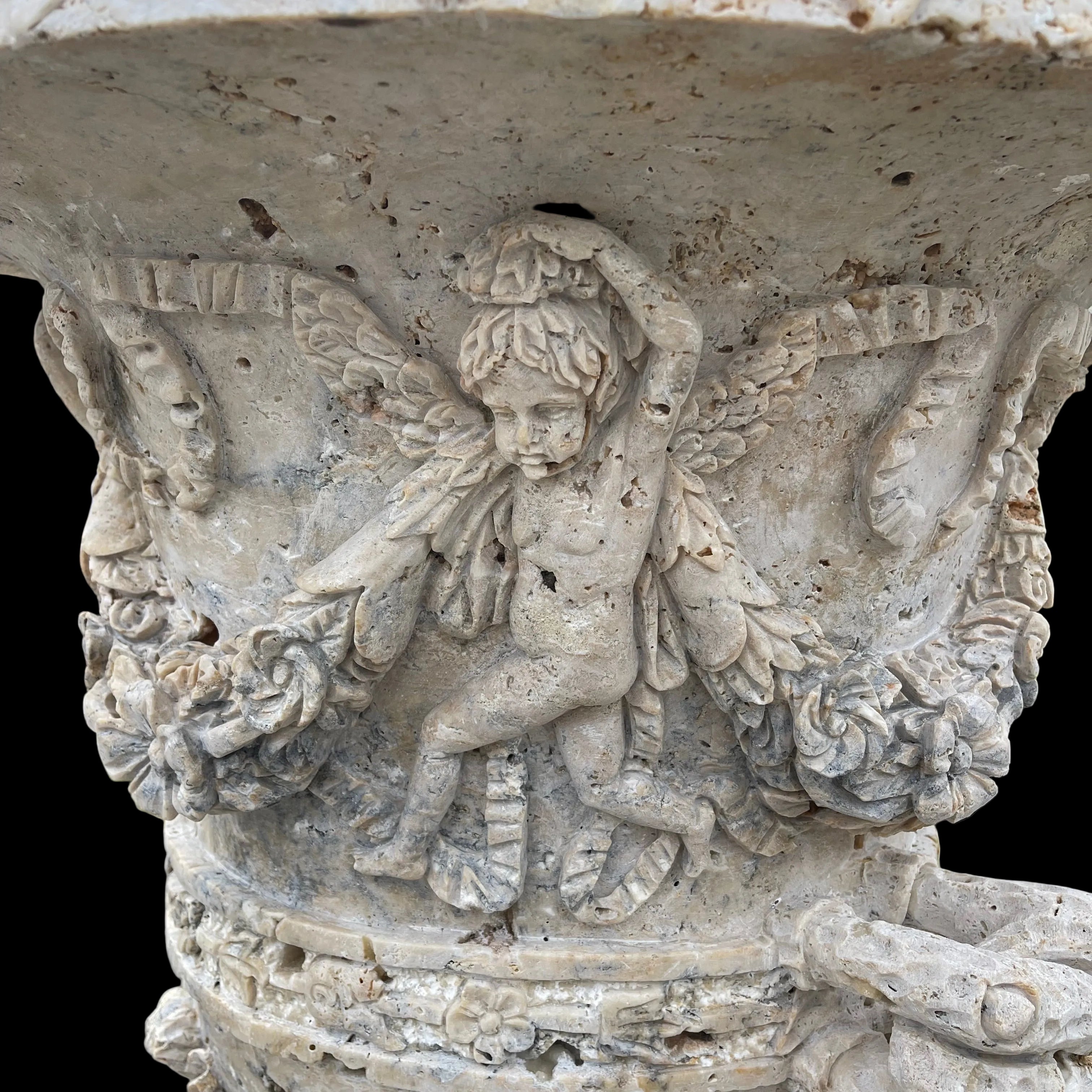 Ornate Cherub & Rose Travertine Urn
