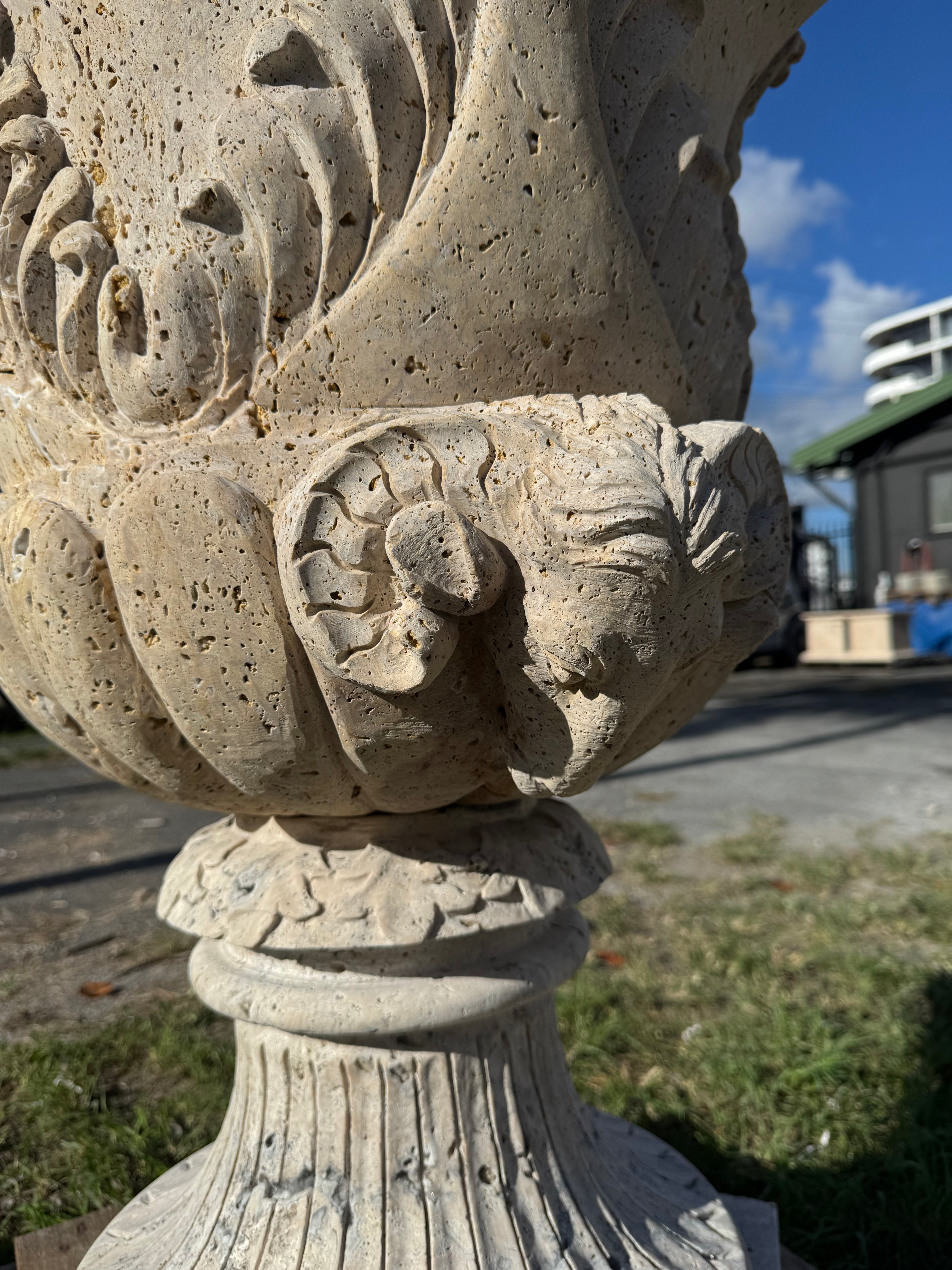Ornate Travertine Goats Heads Urn