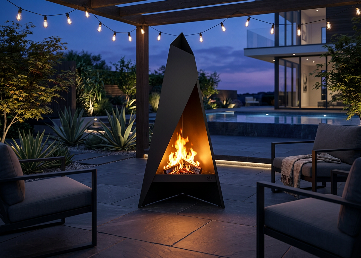 The Abraxas 150cm Matte Black Fireplace at Twilight on Luxury Pool Patio