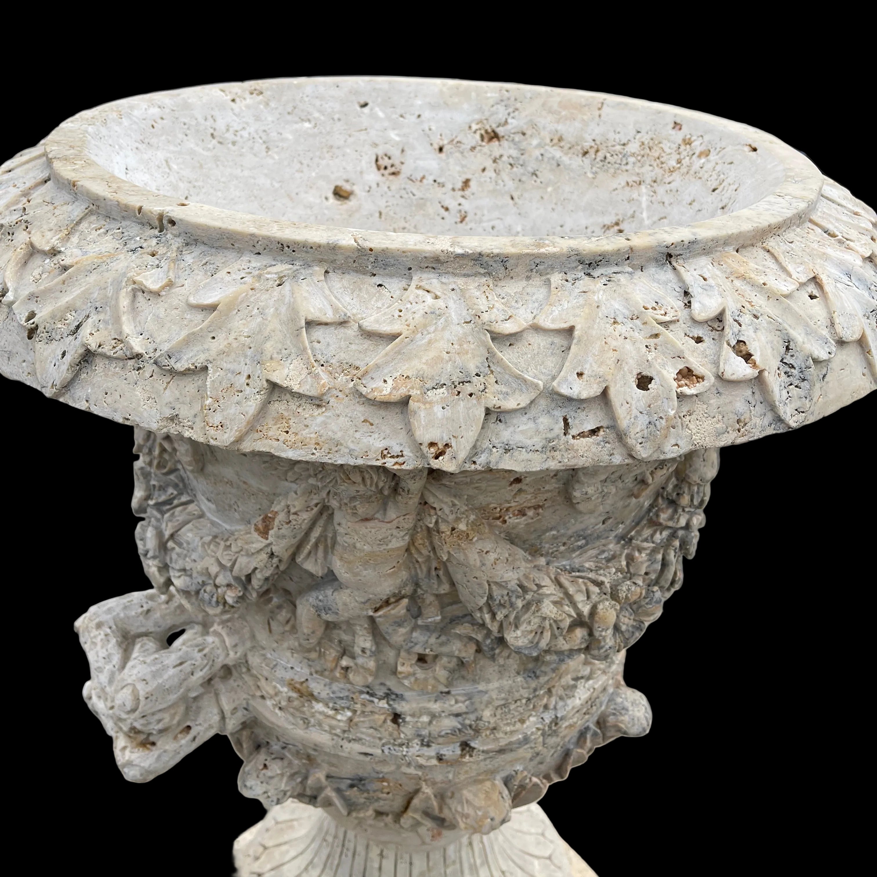 Ornate Cherub & Rose Travertine Urn