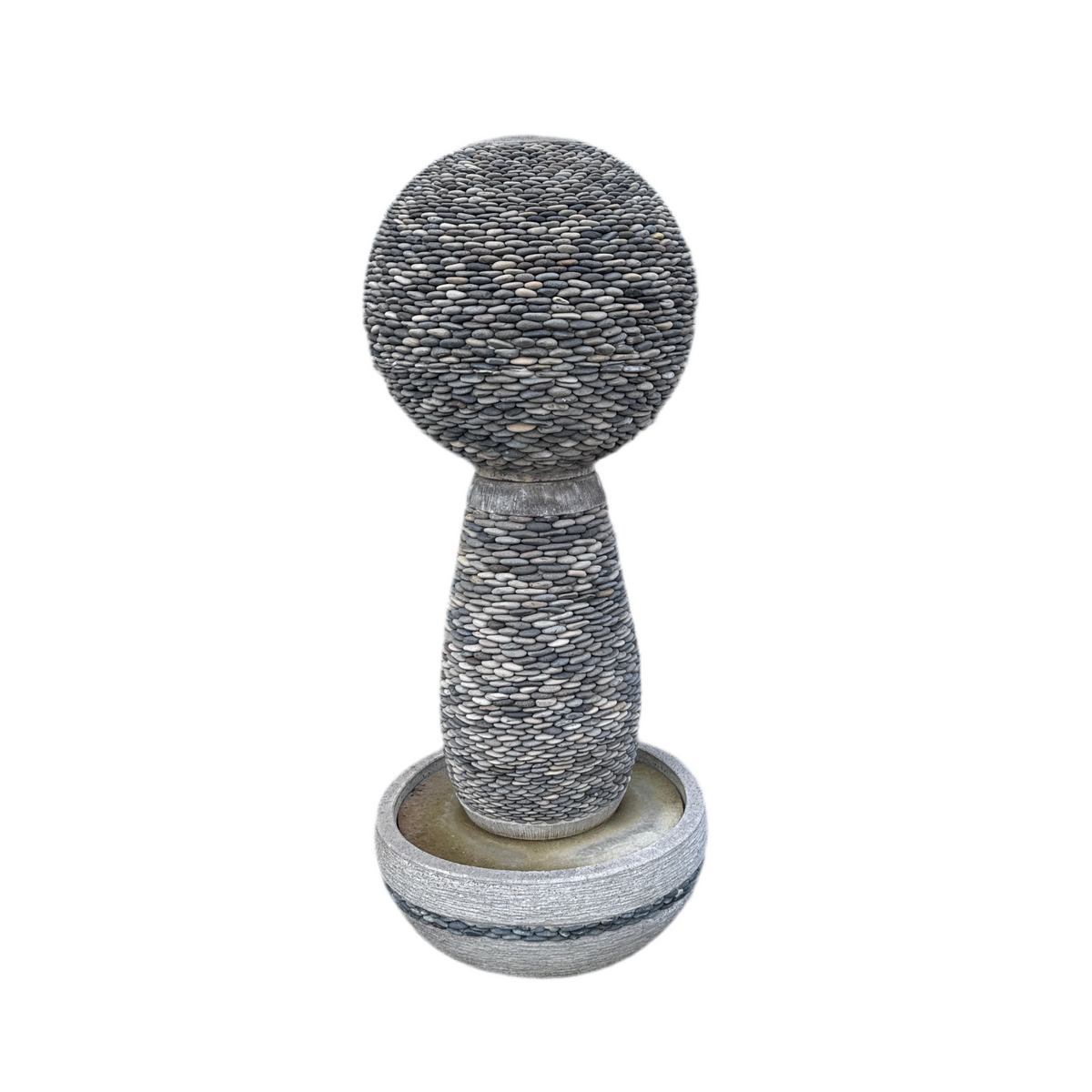 A sphere-shaped fountain made of inlaid river pebbles with a concrete base.