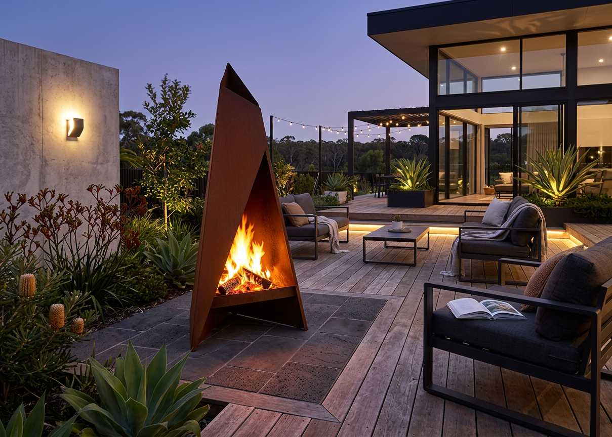 The Abraxas 150cm Corten Steel Outdoor Fireplace - Natural Rust Patina on Patio