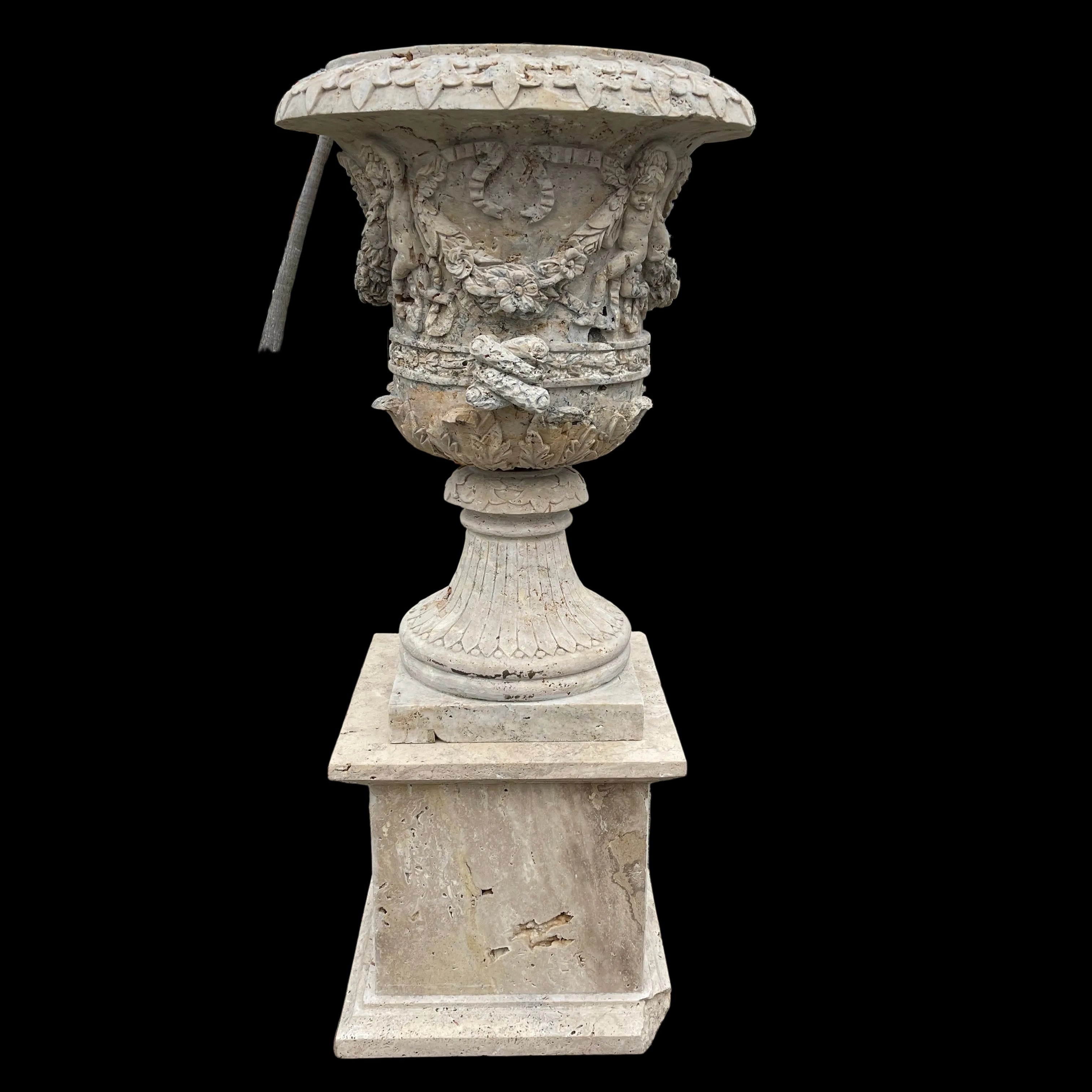 Ornate Cherub & Rose Travertine Urn