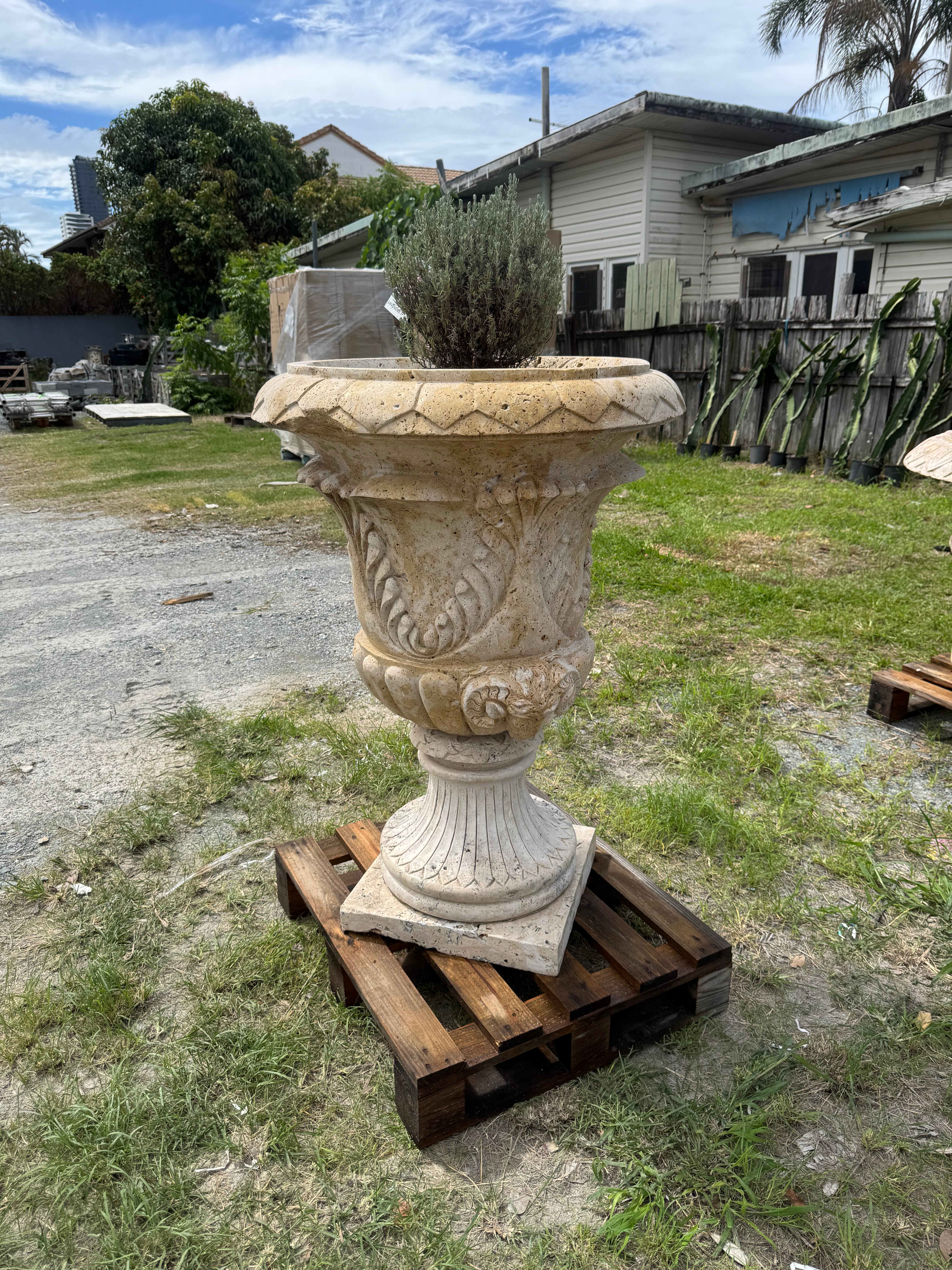 Ornate Travertine Goats Heads Urn