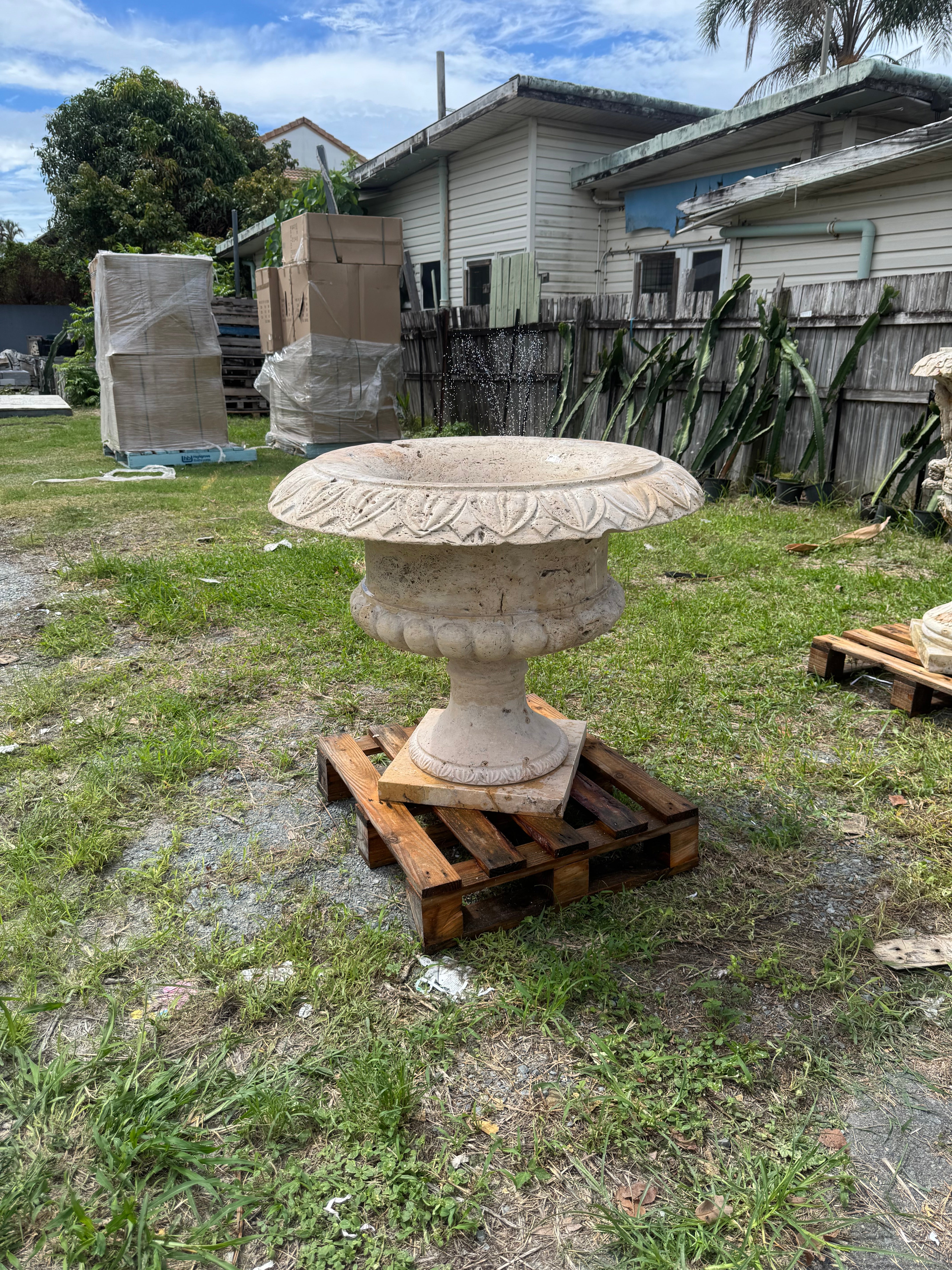 Ornate Travertine Bird Bath