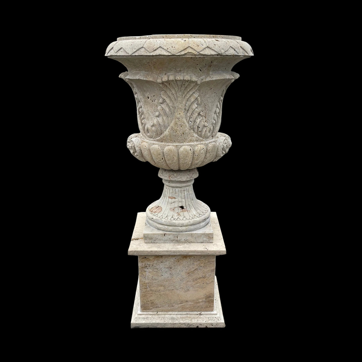 Ornate Travertine Goats Heads Urn