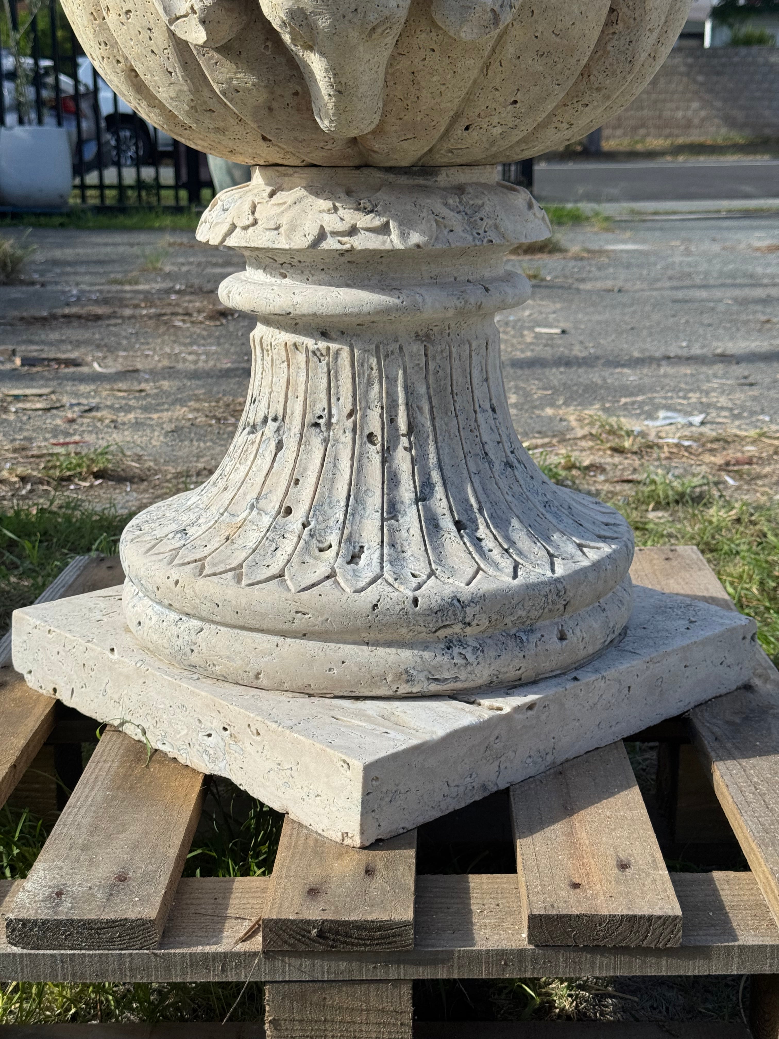 Ornate Travertine Goats Heads Urn