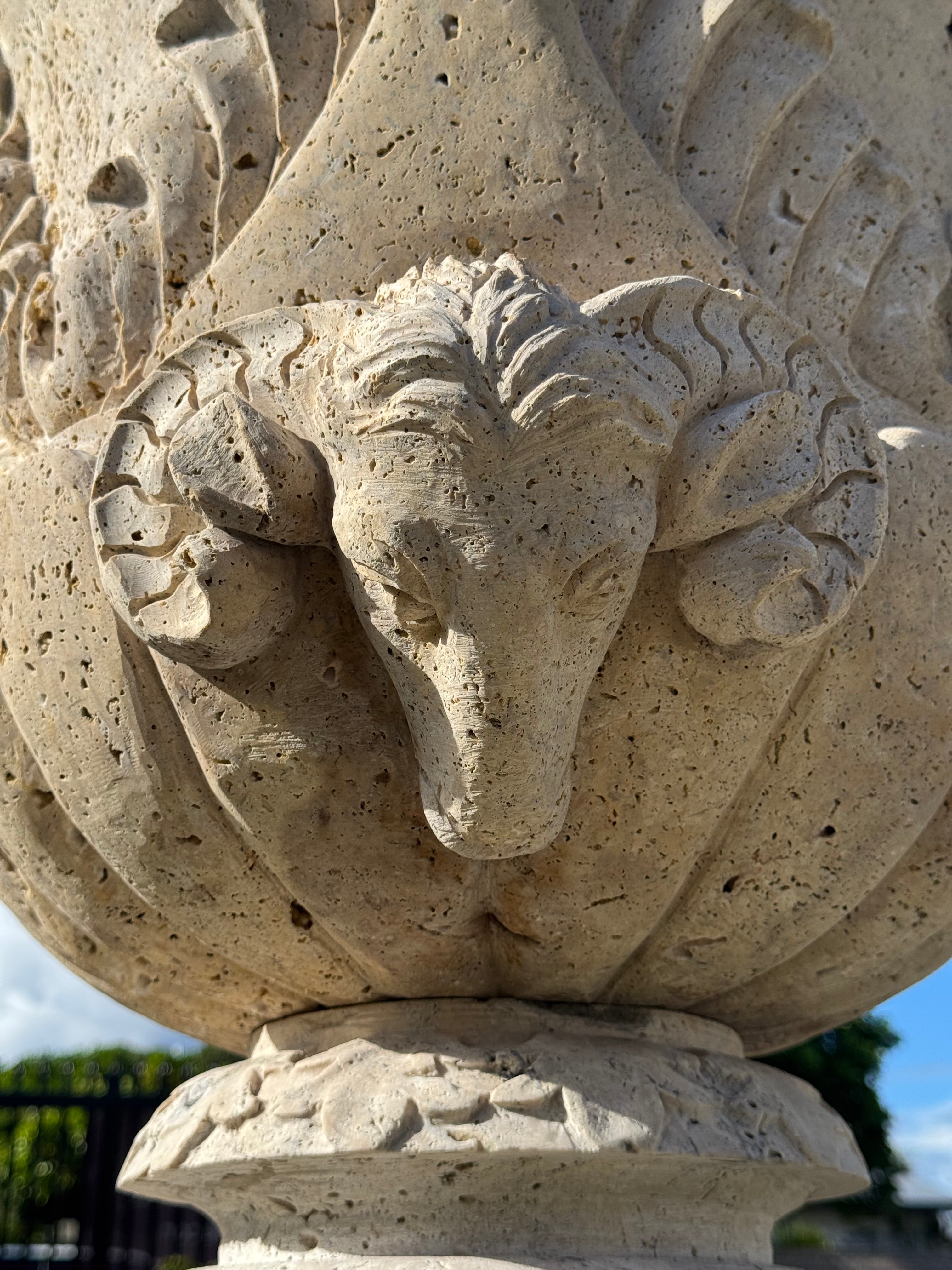 Ornate Travertine Goats Heads Urn