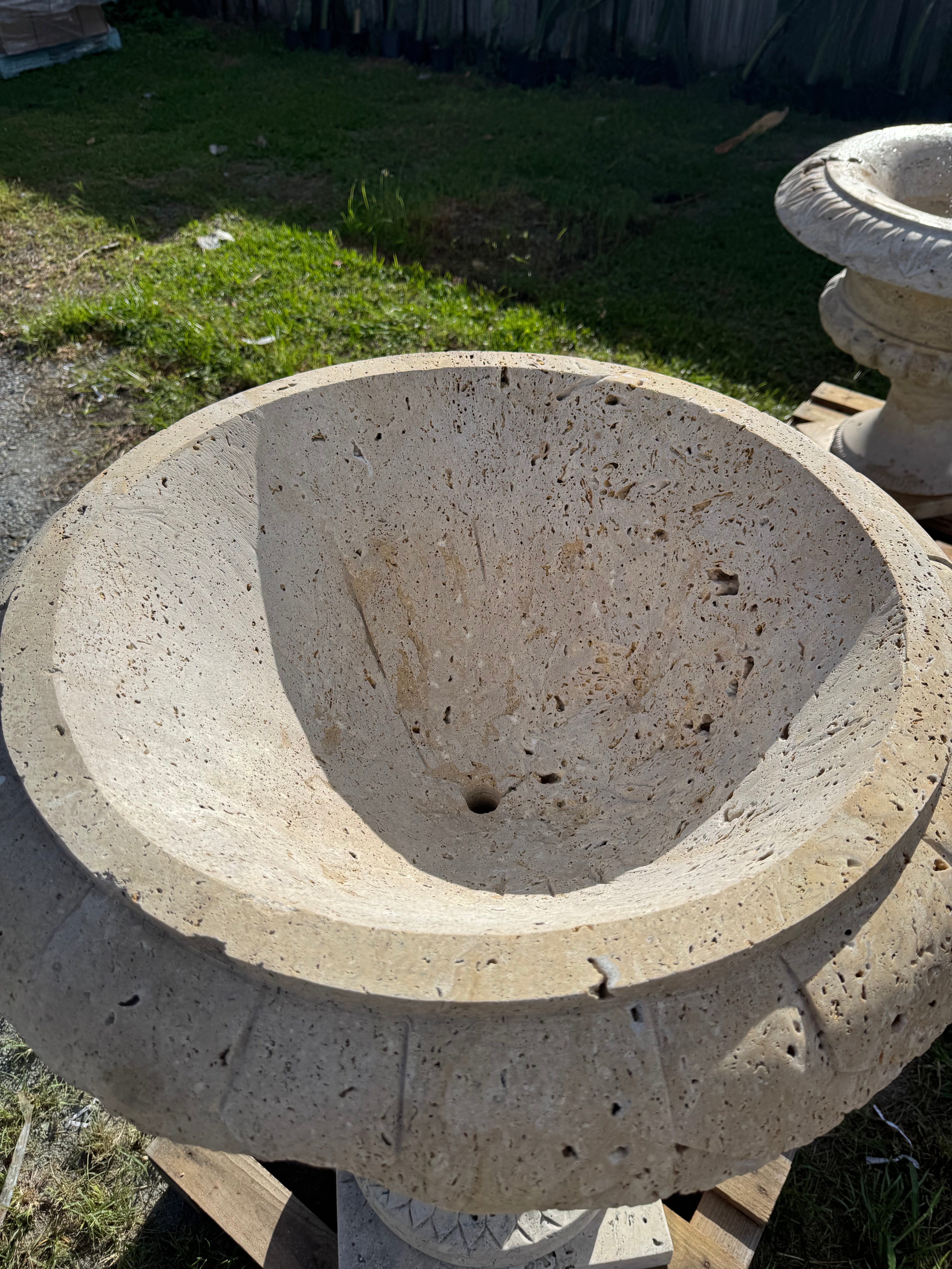 Ornate Travertine Goats Heads Urn