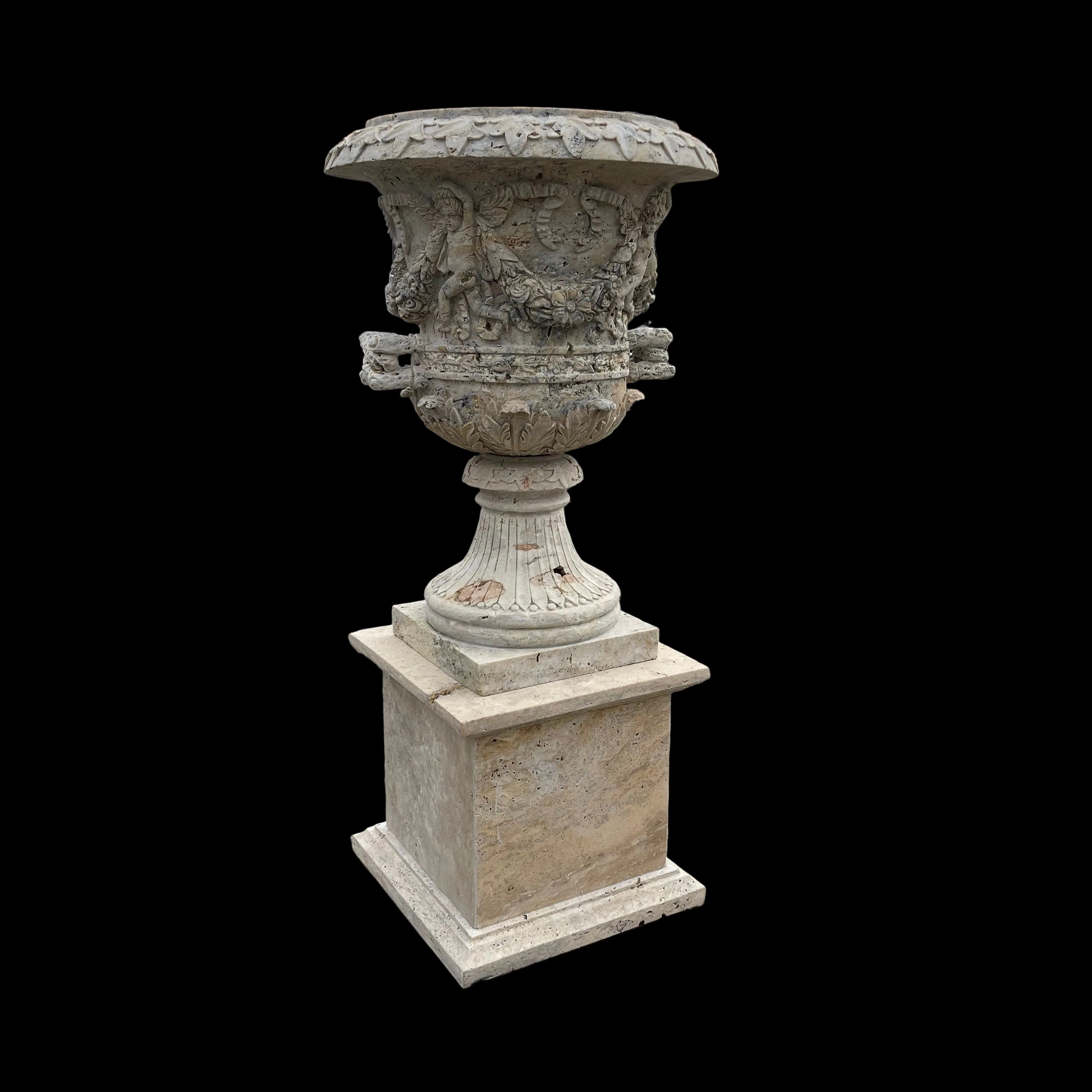 Ornate Cherub & Rose Travertine Urn